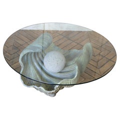 Vintage Italian Carved Wood Shell-Form Coffee Table With Glass Top, 1970s