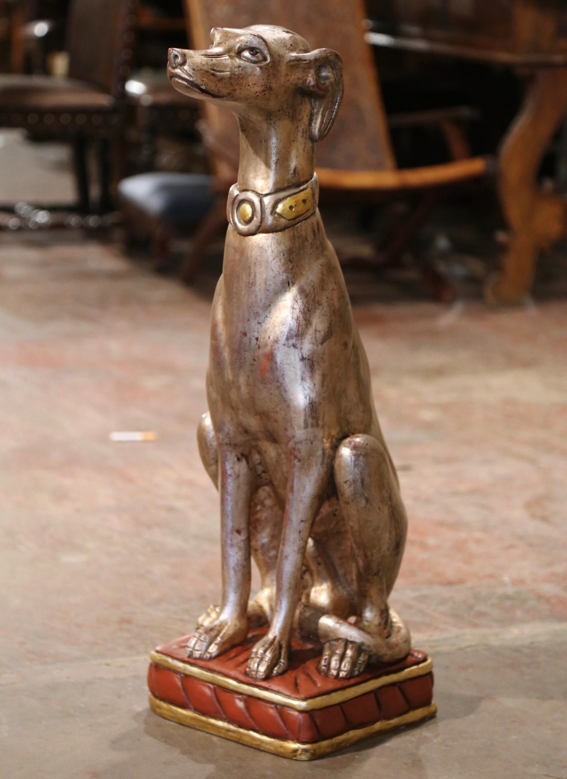 Hand-Carved Vintage Italian Carved Wooden and Silvered Greyhound Dog Sculpture For Sale