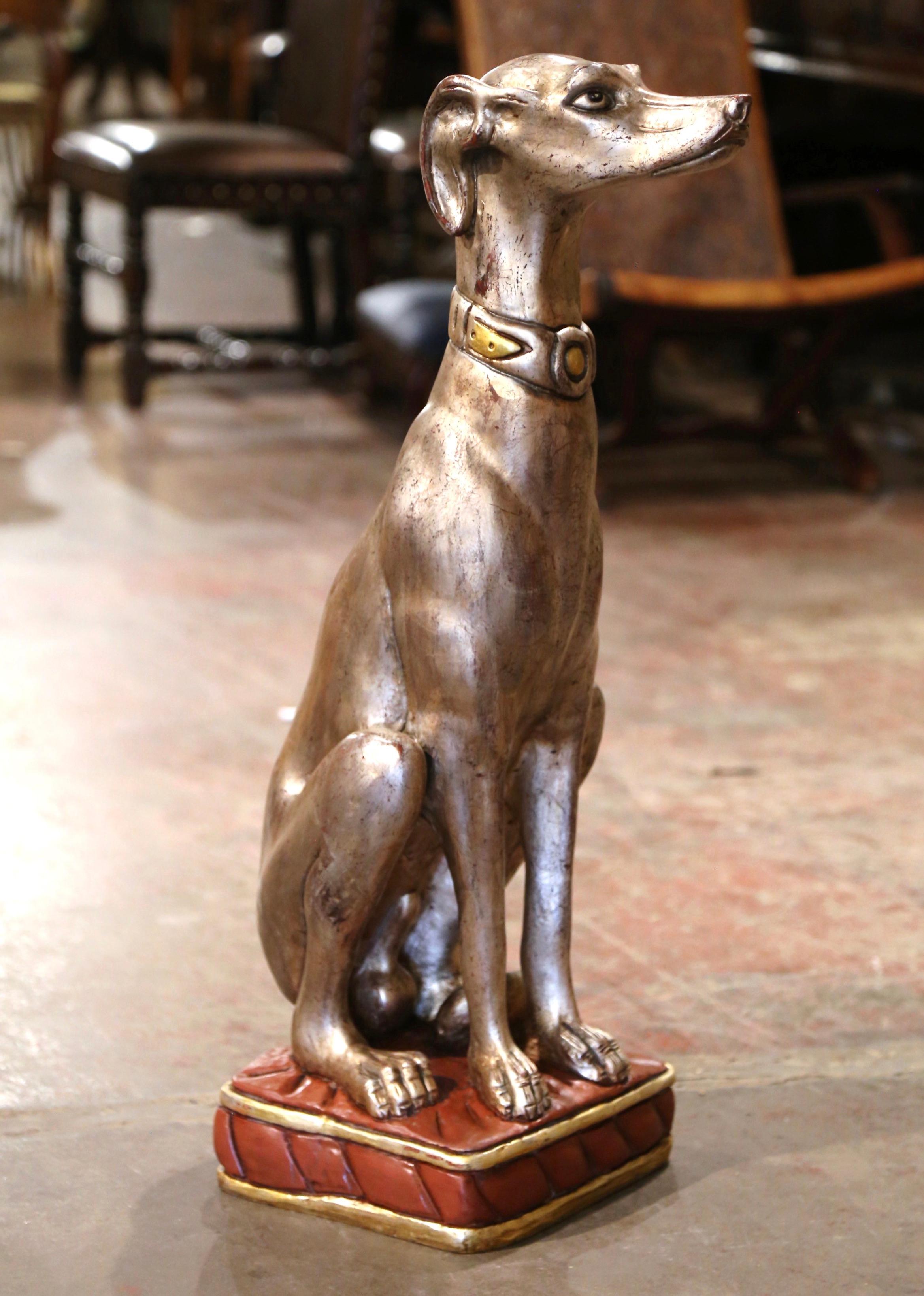Vintage Italian Carved Wooden and Silvered Greyhound Dog Sculpture In Excellent Condition For Sale In Dallas, TX