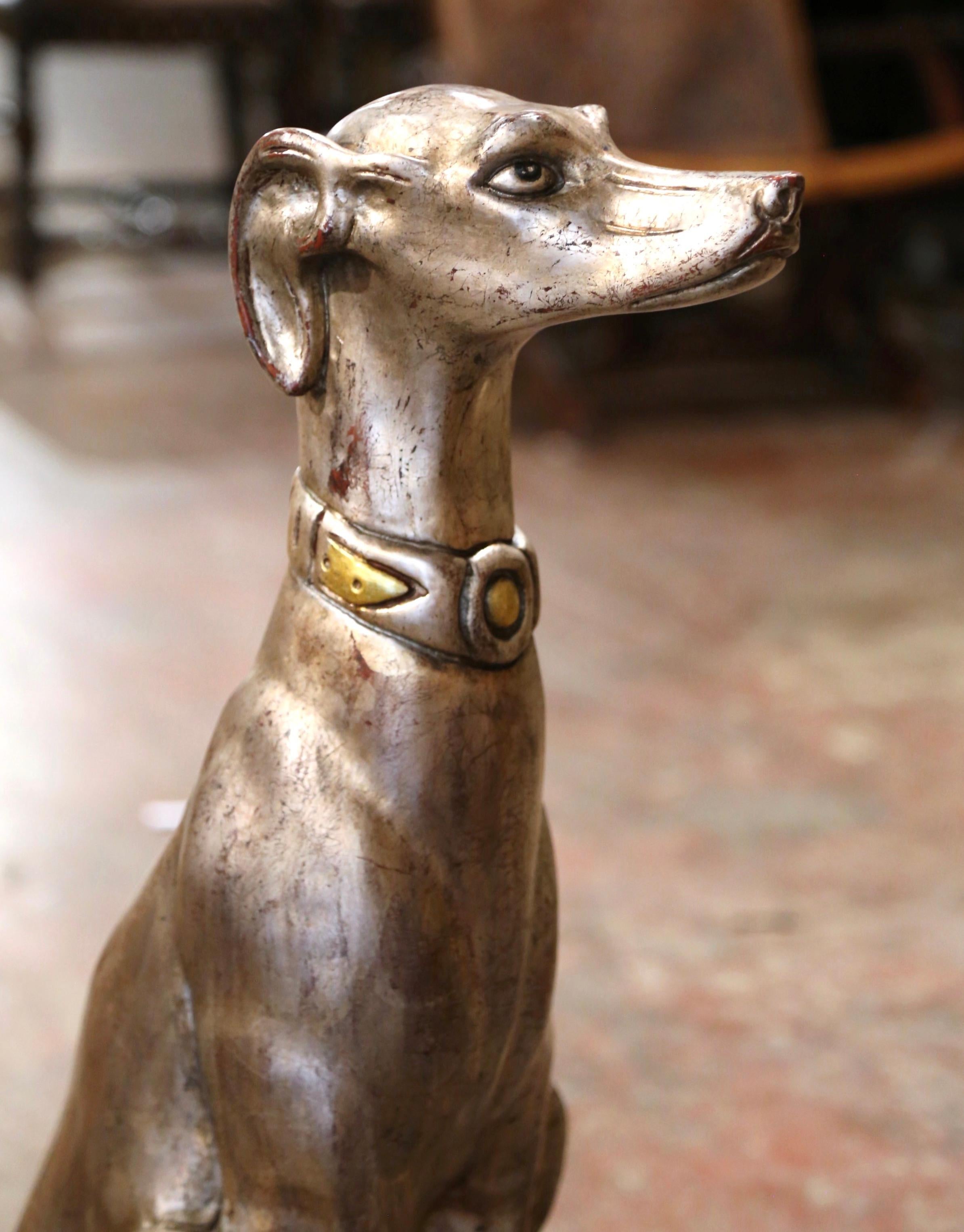 20th Century Vintage Italian Carved Wooden and Silvered Greyhound Dog Sculpture For Sale