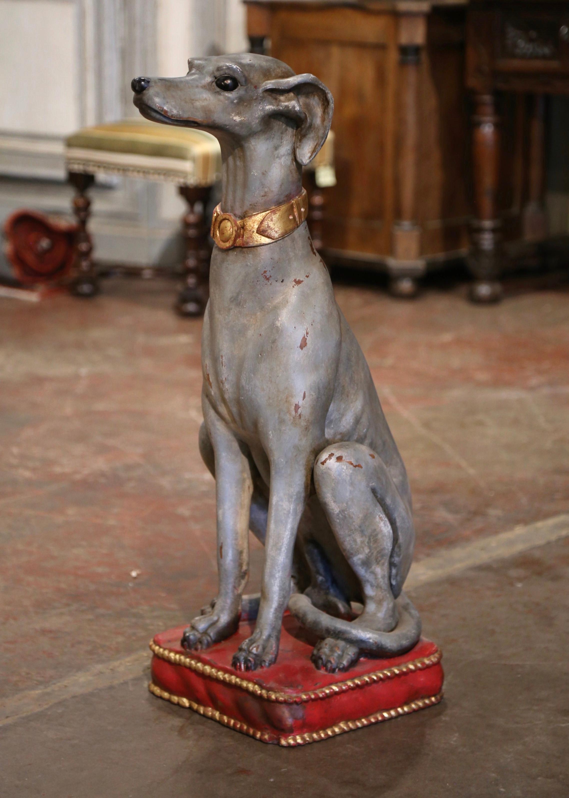 Vintage Italian Carved Wooden Polychrome Greyhound Dog Sculpture In Excellent Condition For Sale In Dallas, TX
