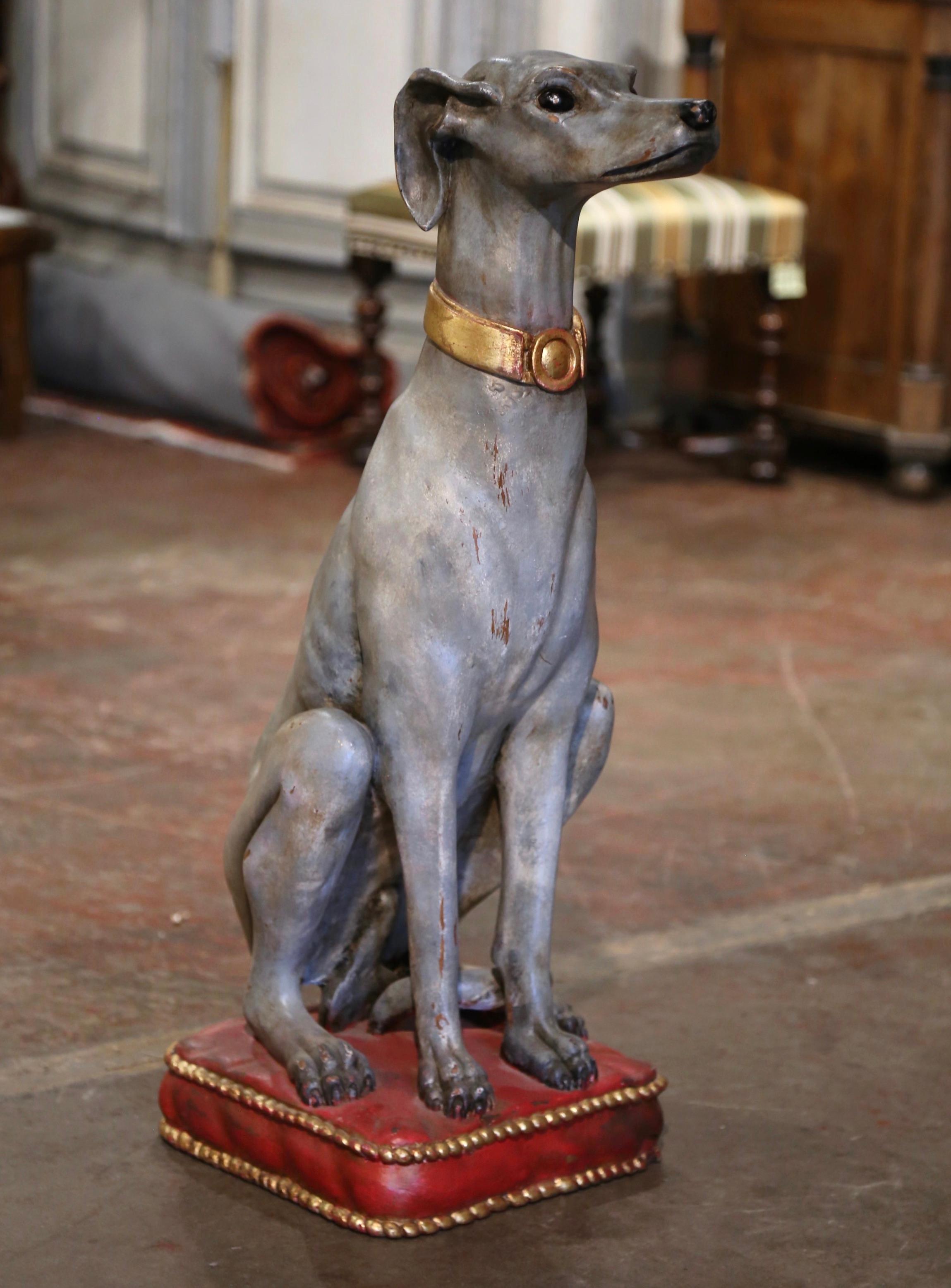 Vintage Italian Carved Wooden Polychrome Greyhound Dog Sculpture For Sale 1
