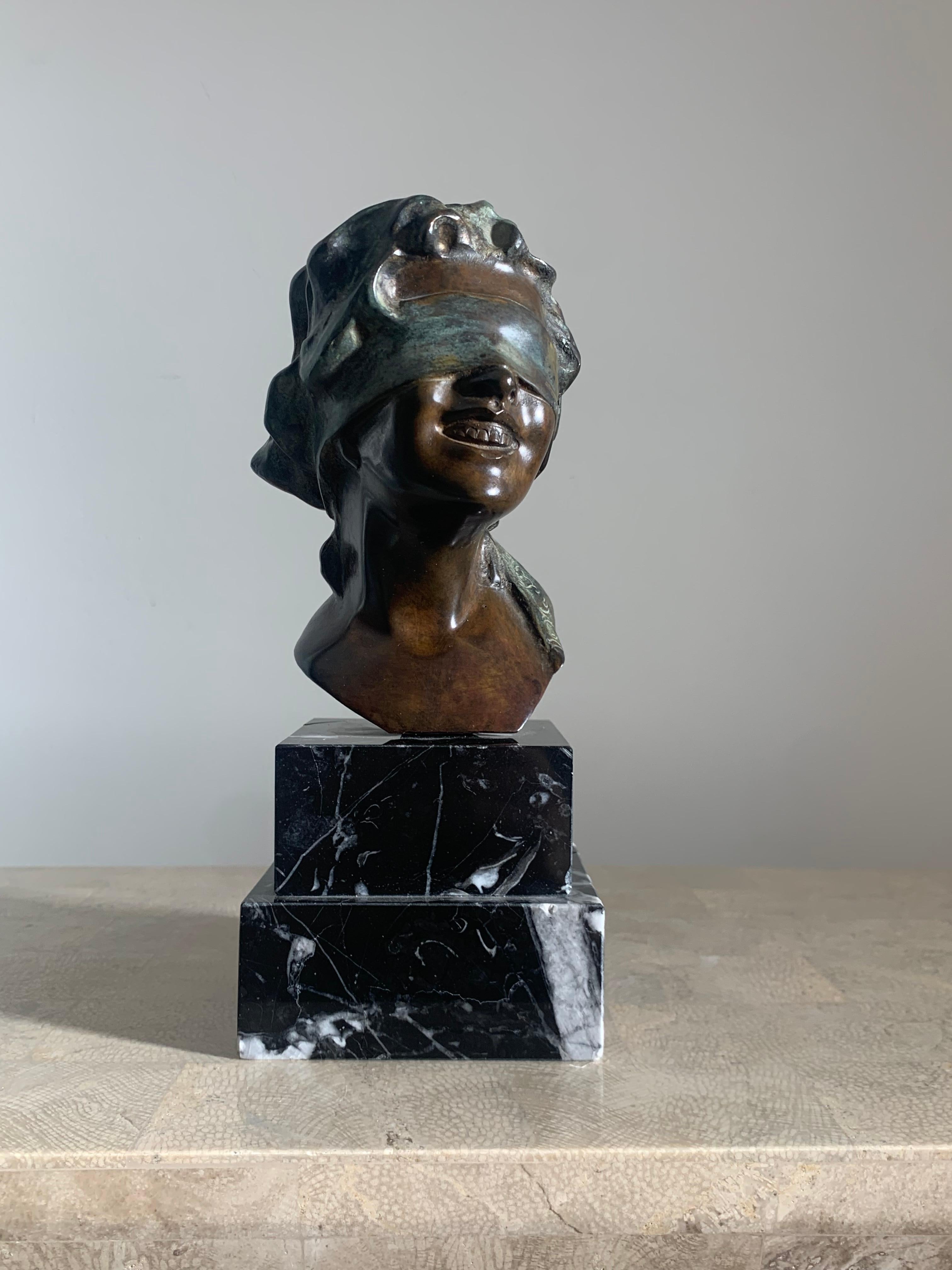 Vintage Italian Cast Bronze and Marble Sculpture of Blindfolded Goddess, 1960s For Sale 5