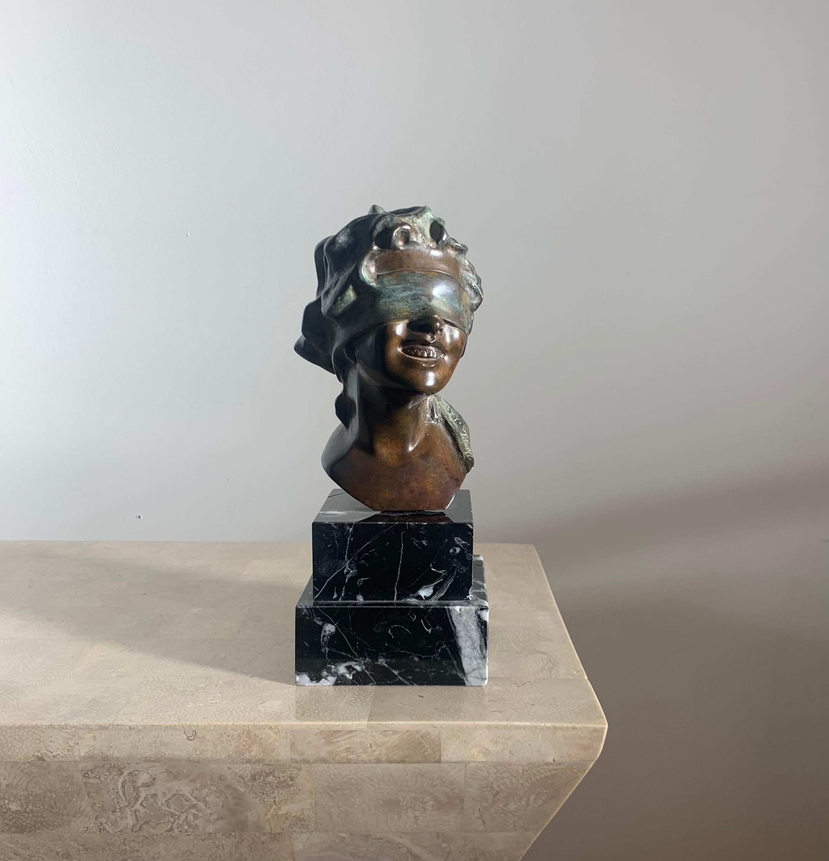 Vintage Italian Cast Bronze and Marble Sculpture of Blindfolded Goddess, 1960s For Sale 7