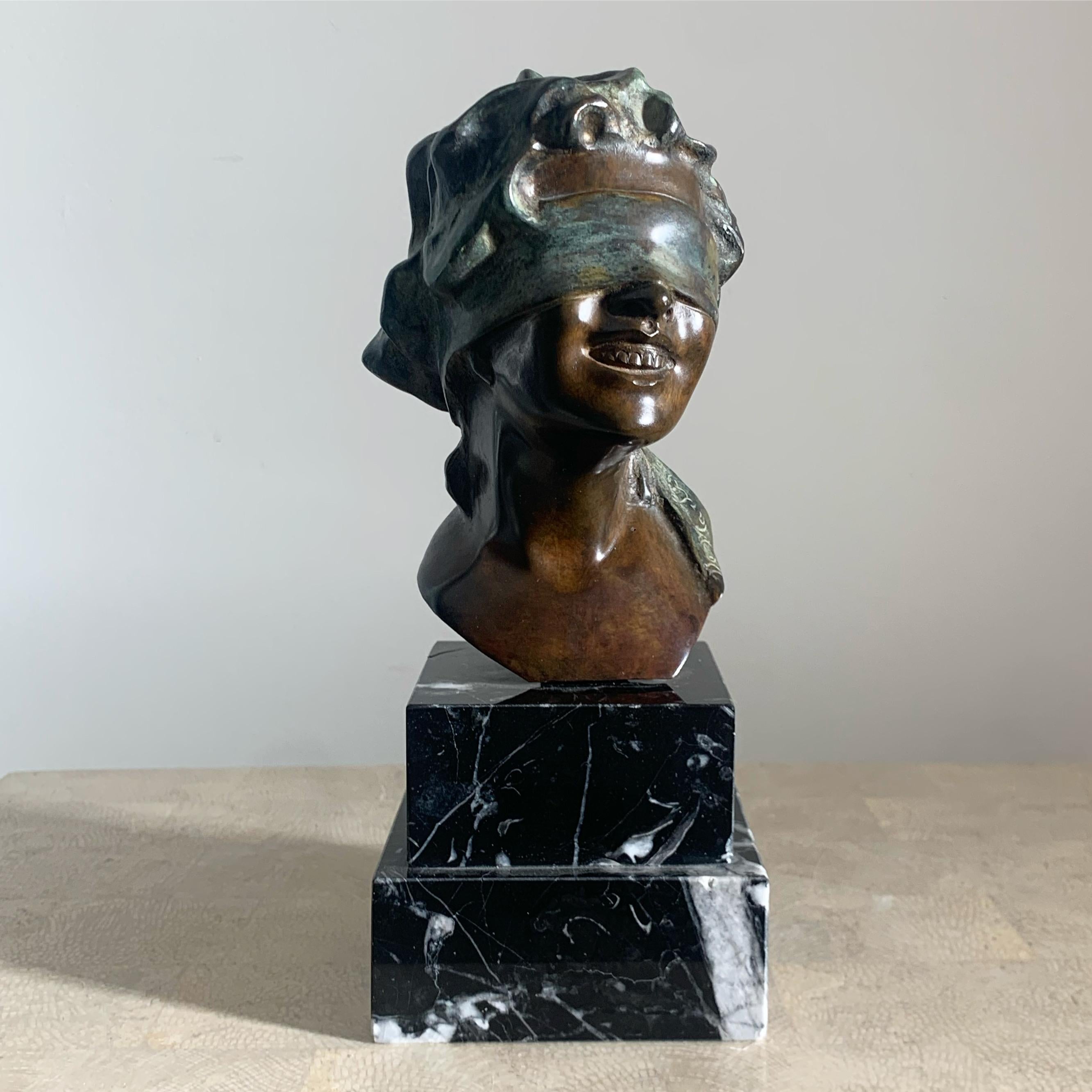 Vintage Italian Cast Bronze and Marble Sculpture of Blindfolded Goddess, 1960s For Sale 8