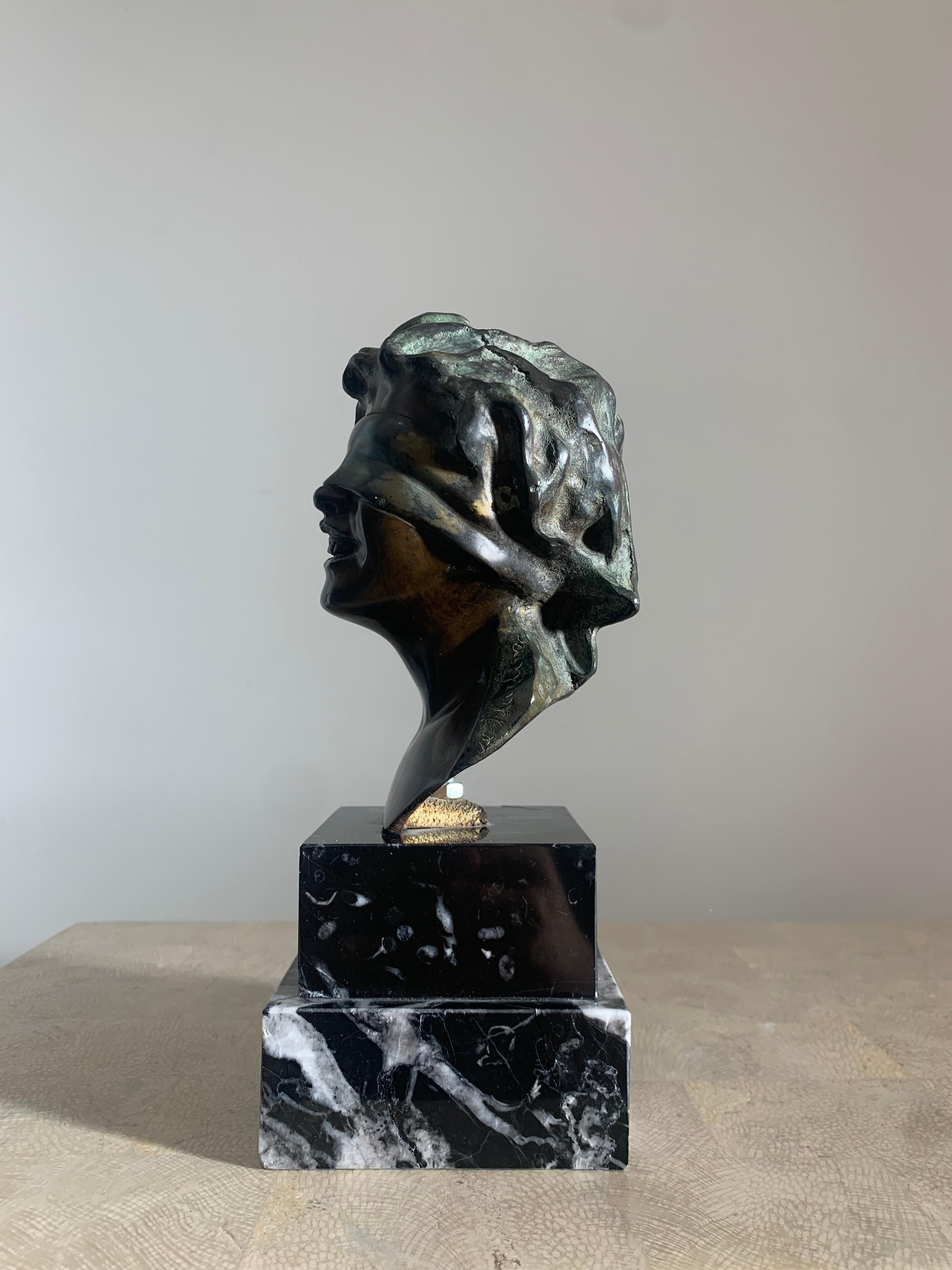 Vintage Italian Cast Bronze and Marble Sculpture of Blindfolded Goddess, 1960s For Sale 9