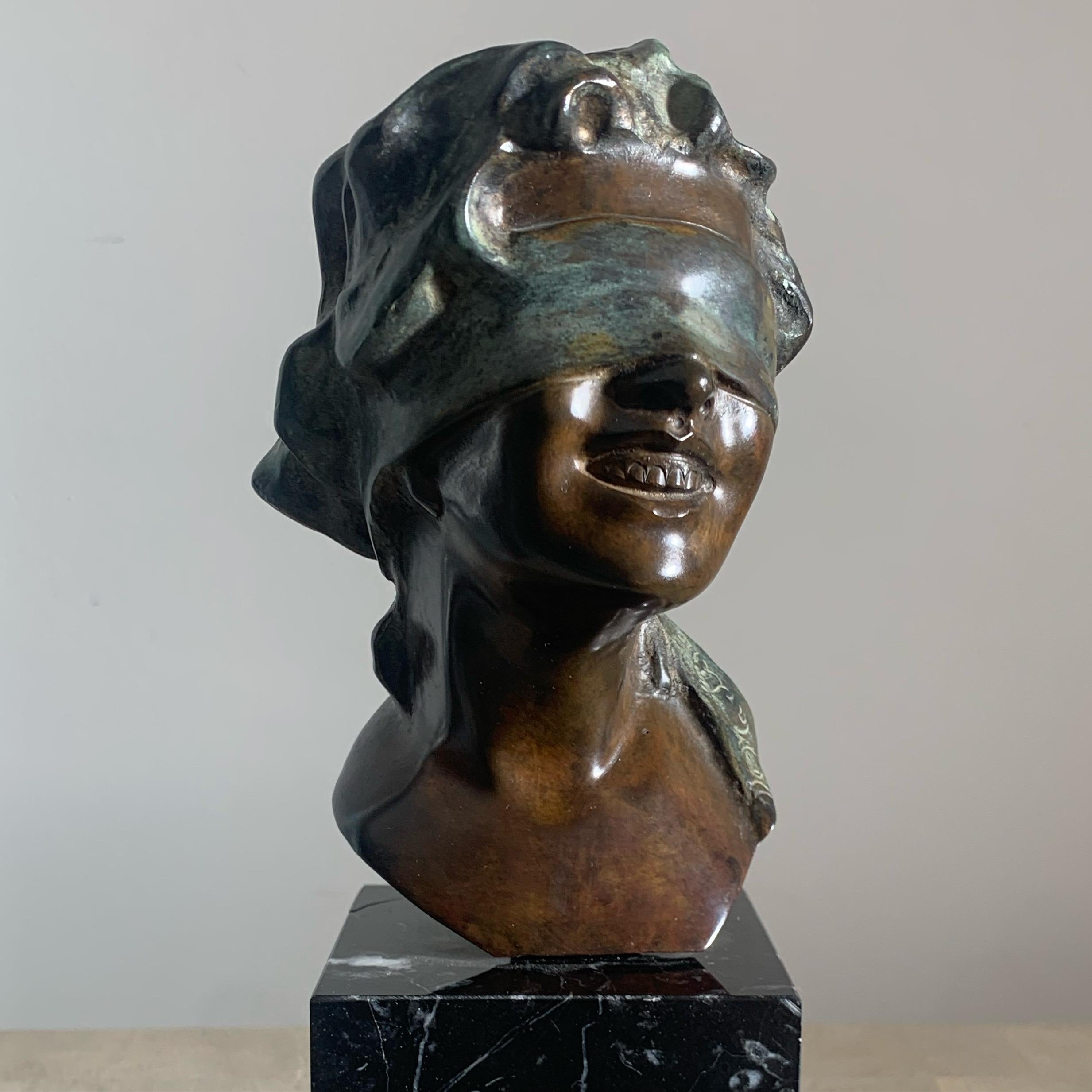 Baroque Revival Vintage Italian Cast Bronze and Marble Sculpture of Blindfolded Goddess, 1960s For Sale