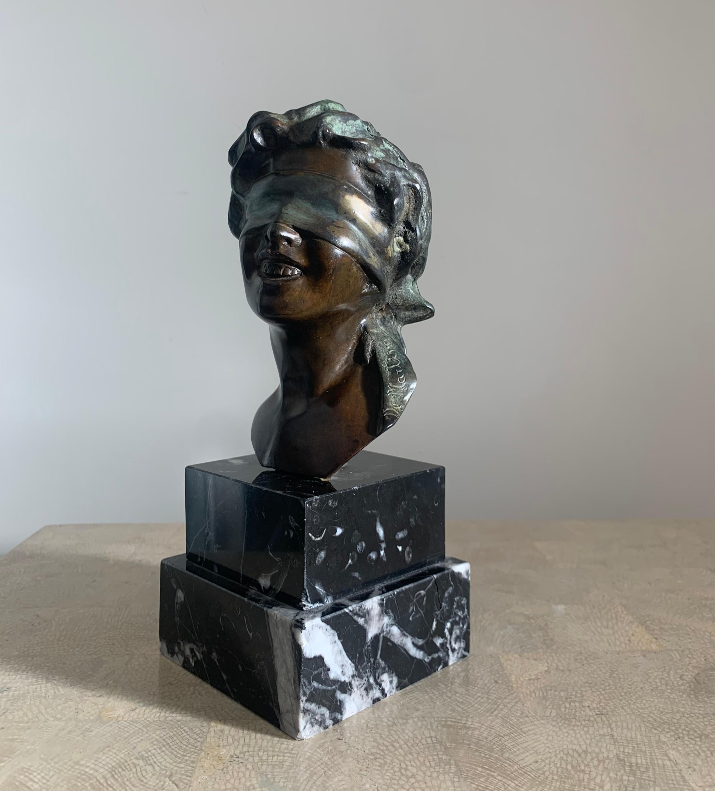 Hand-Carved Vintage Italian Cast Bronze and Marble Sculpture of Blindfolded Goddess, 1960s For Sale