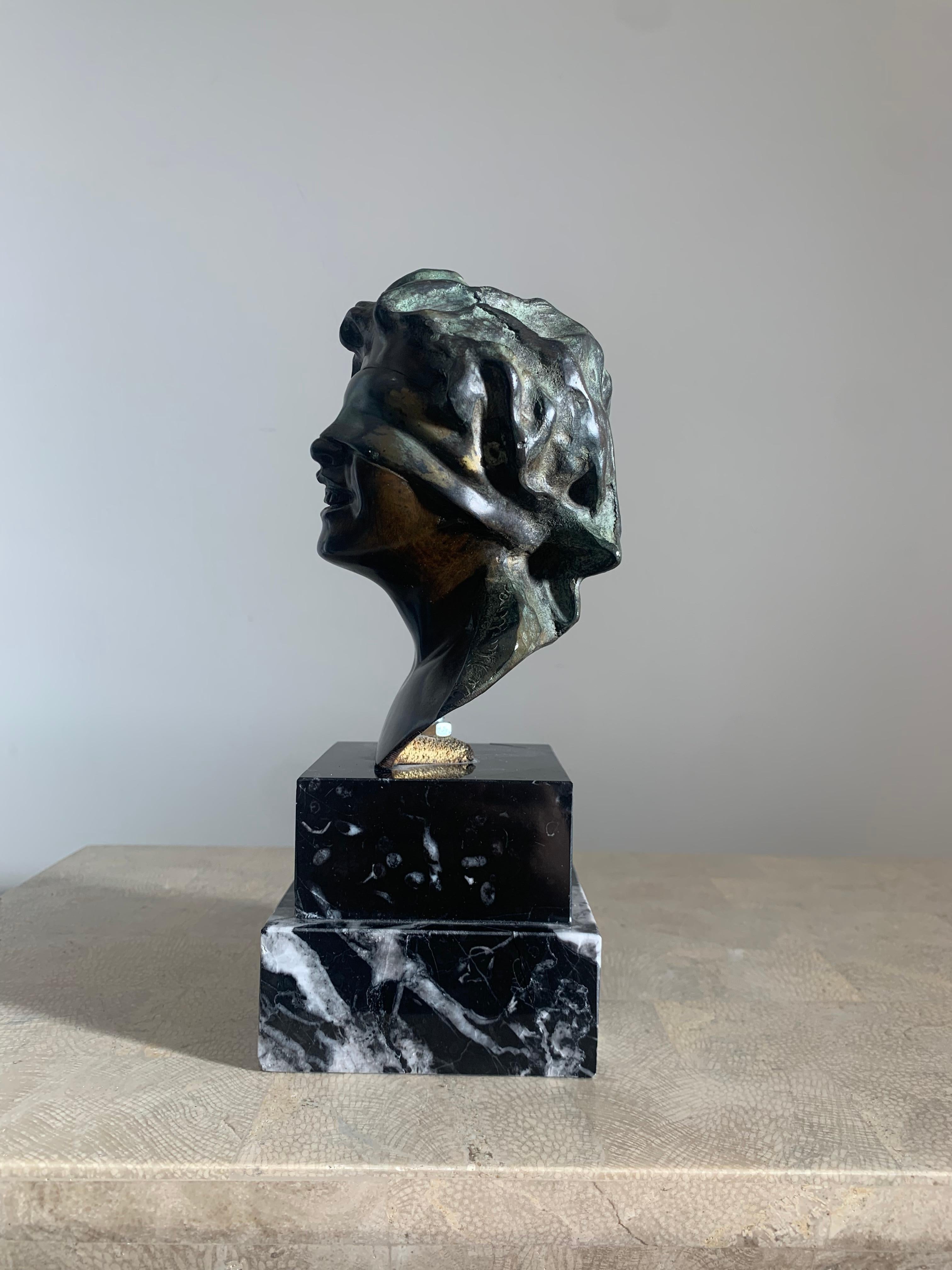 Vintage Italian Cast Bronze and Marble Sculpture of Blindfolded Goddess, 1960s In Good Condition For Sale In View Park, CA