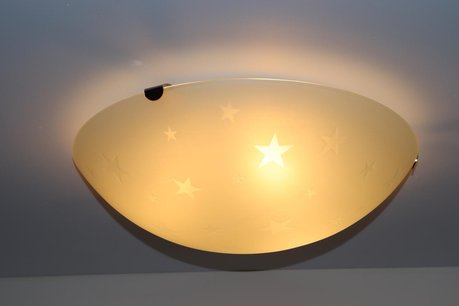 Mid-Century Modern Vintage Italian Ceiling Lamp Murano Crystal Satin Glass Stars Details For Sale
