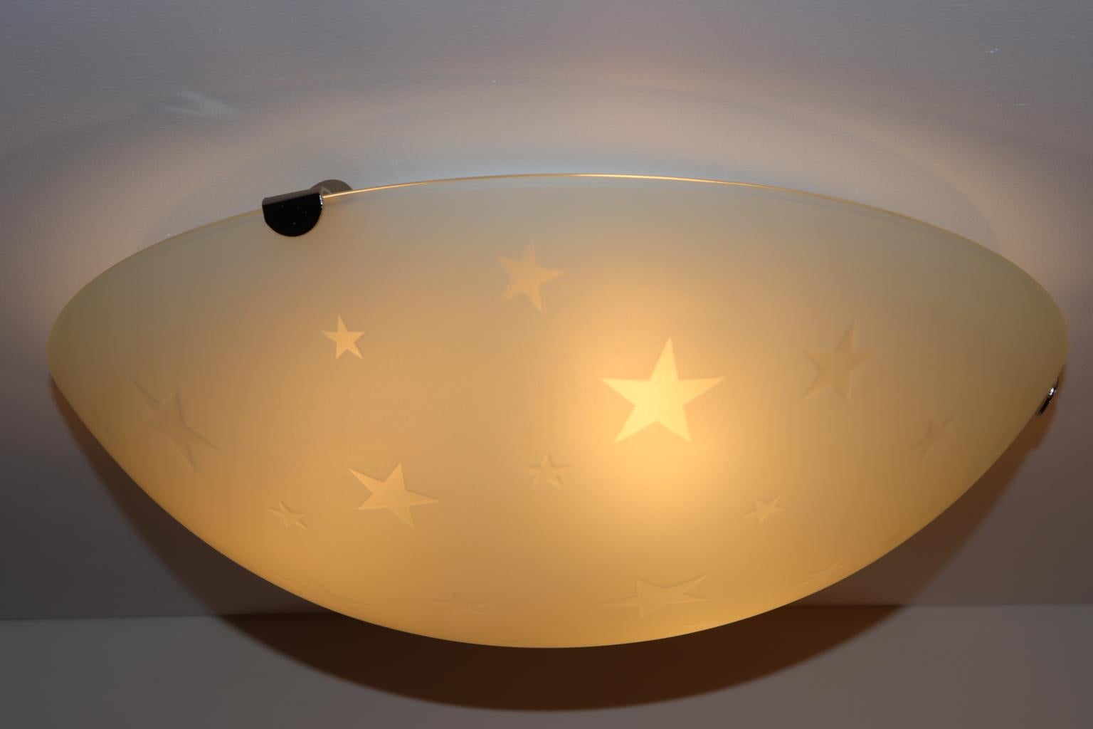 Hand-Crafted Vintage Italian Ceiling Lamp Murano Crystal Satin Glass Stars Details For Sale