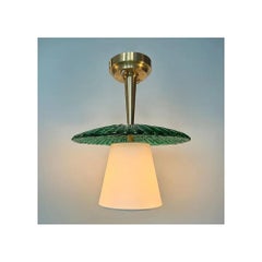 Vintage Italian Ceiling Light, Brass & Green Glass, Hand-Crafted 1950s