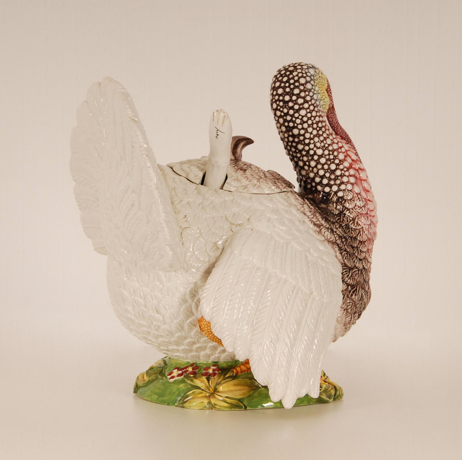 Hand-Crafted Vintage Italian Ceramic Animal Figurine Turkey Porcelain Bird Figure Tureen  For Sale