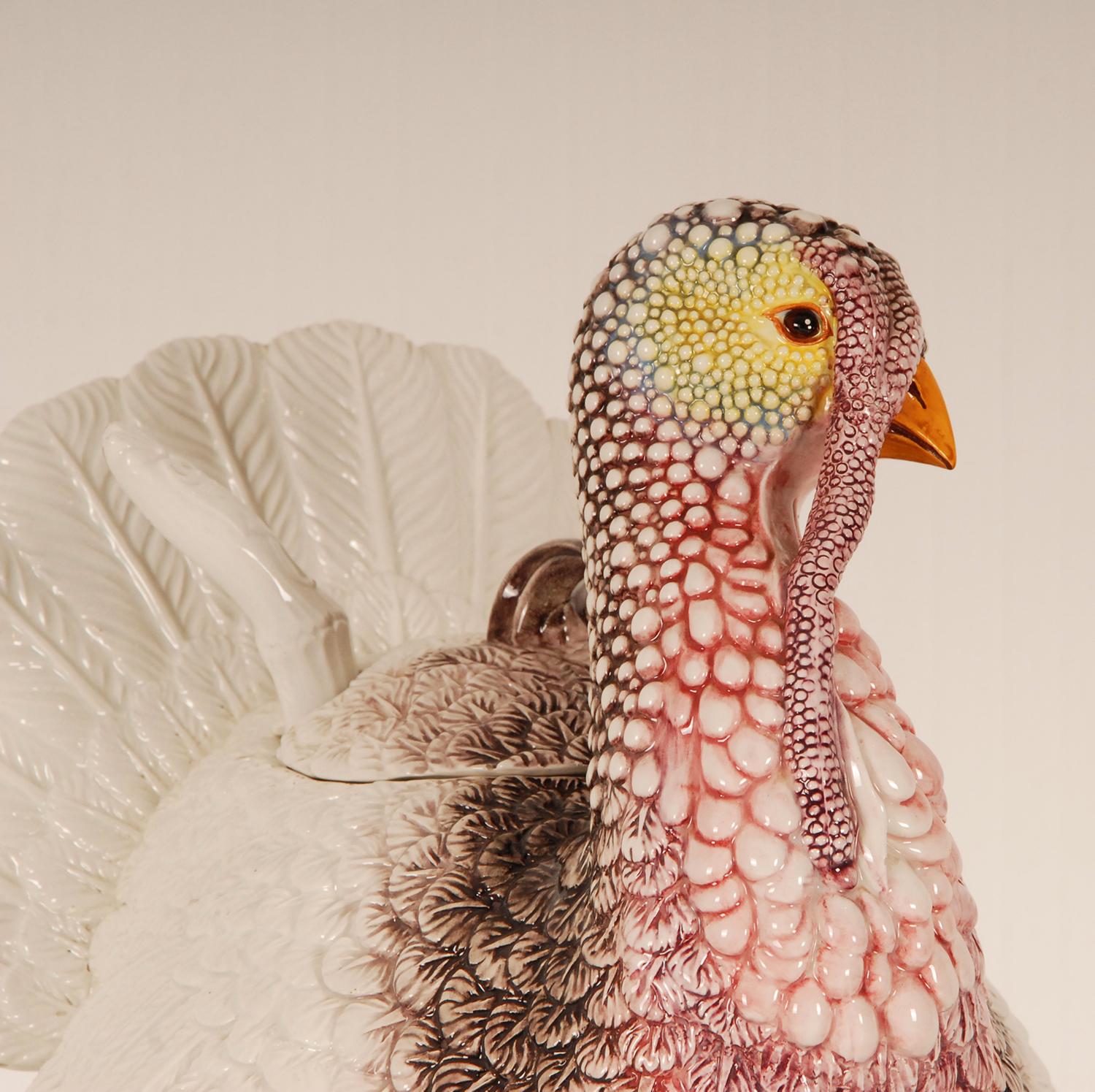 Italienische Keramik-Tiersfigur Turkey, Porzellan-Vogelfigur, Terrine  im Angebot 3