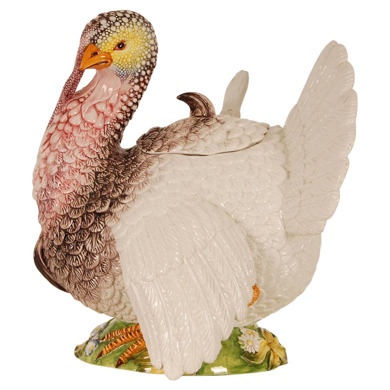 Vintage Italian Ceramic Animal Figurine Turkey Porcelain Bird Figure Tureen  For Sale