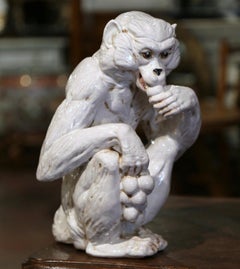 Vintage Italian Ceramic Barbotine Monkey Sculpture Eating Grapes