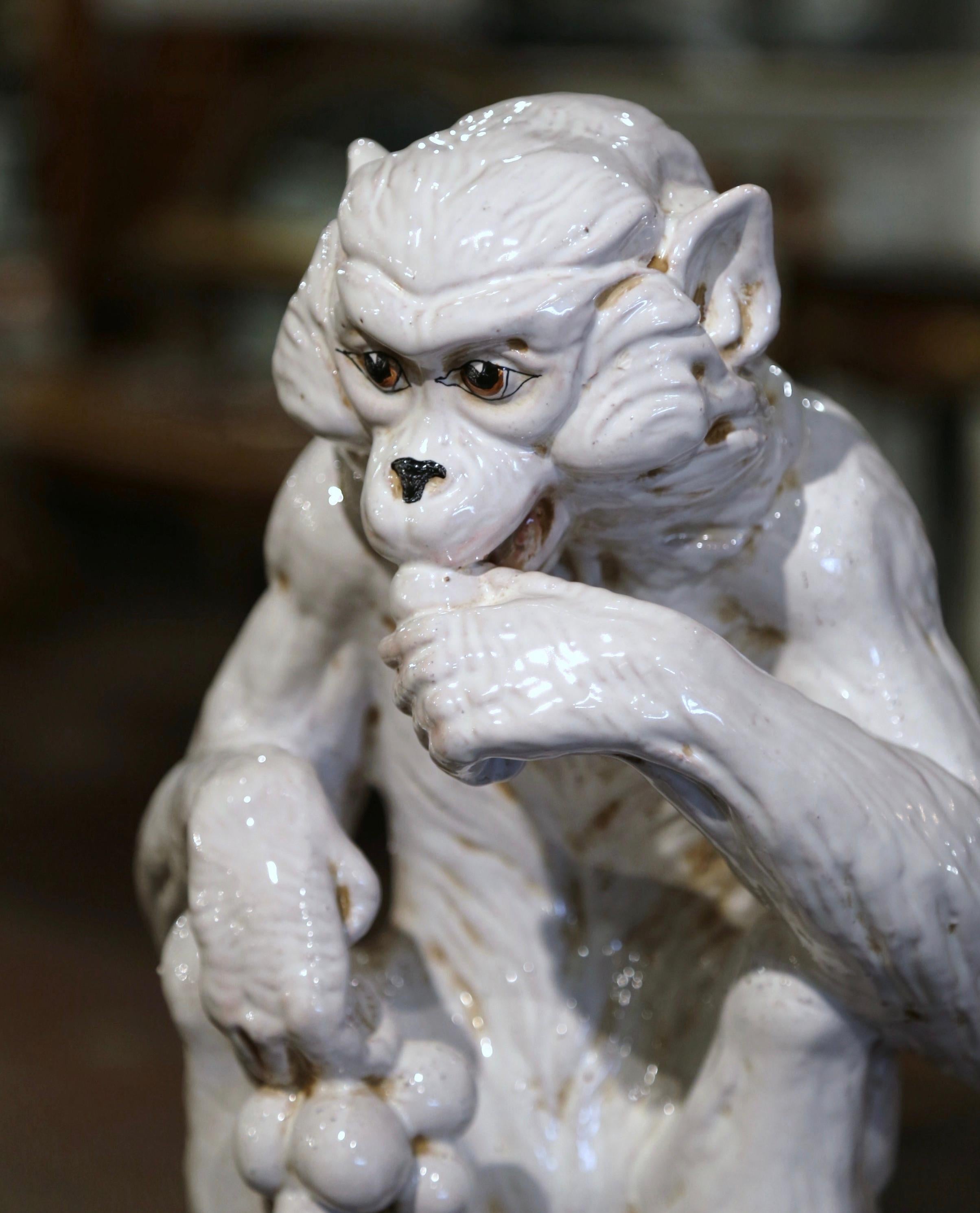 Hand-Carved Vintage Italian Ceramic Barbotine Monkey Sculpture Eating Grapes For Sale