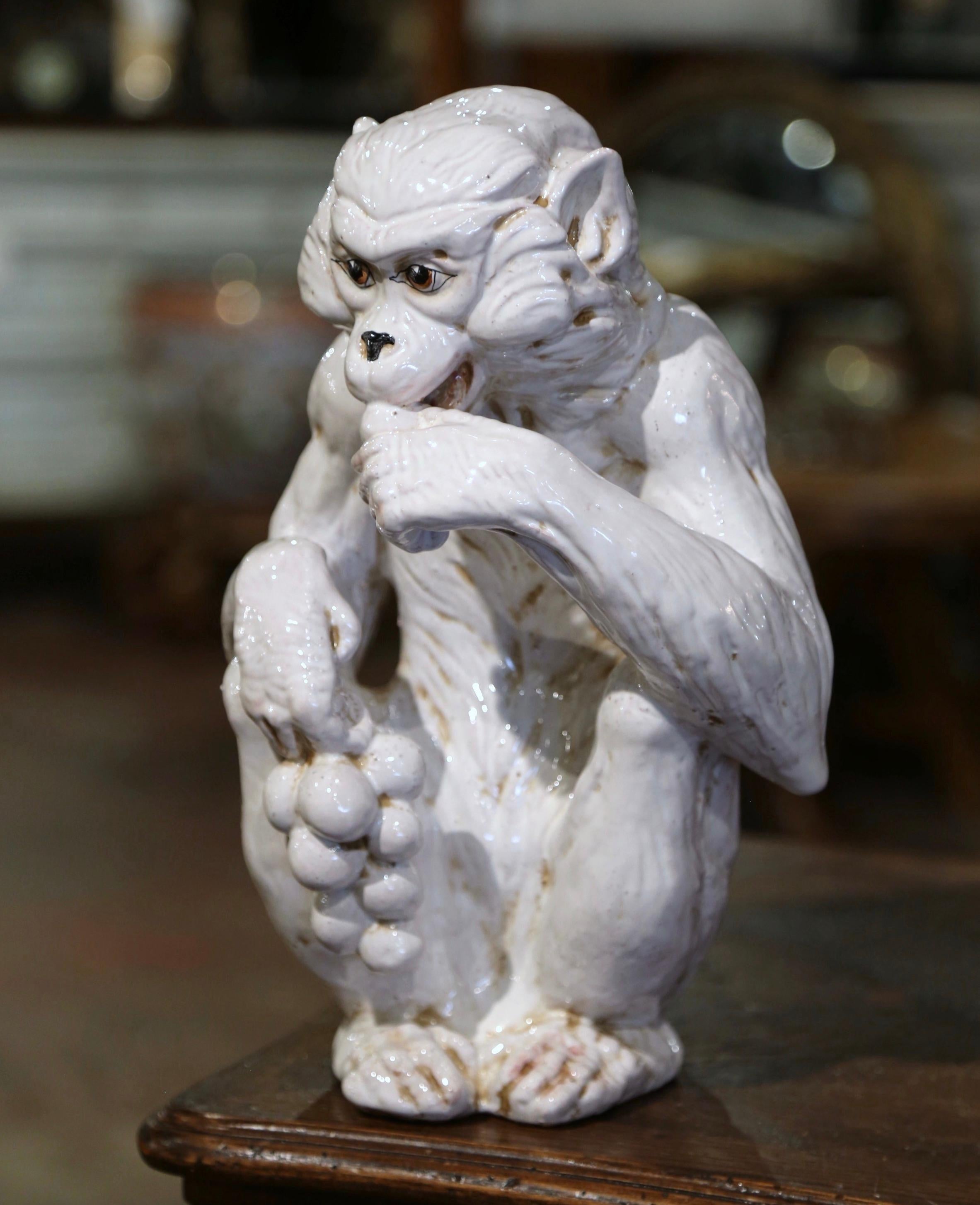 Vintage Italian Ceramic Barbotine Monkey Sculpture Eating Grapes In Excellent Condition For Sale In Dallas, TX