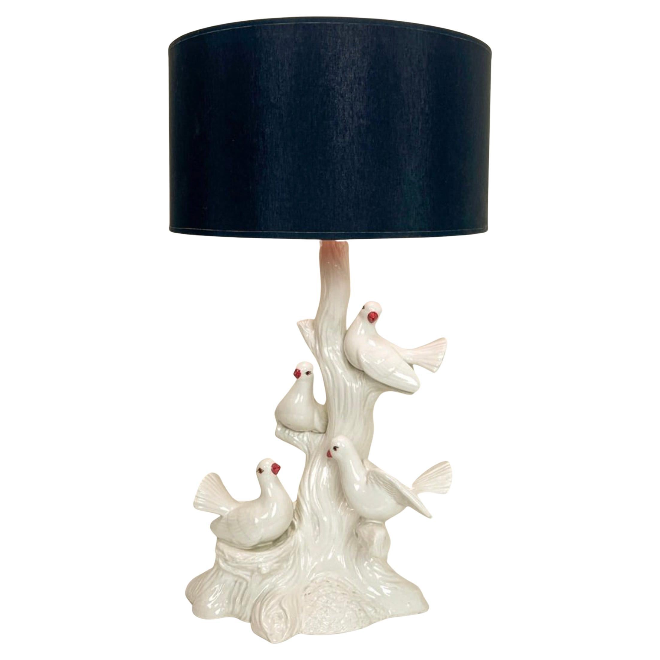 Vintage Italian Ceramic Bird Table Lamp with Doves, 1960s For Sale