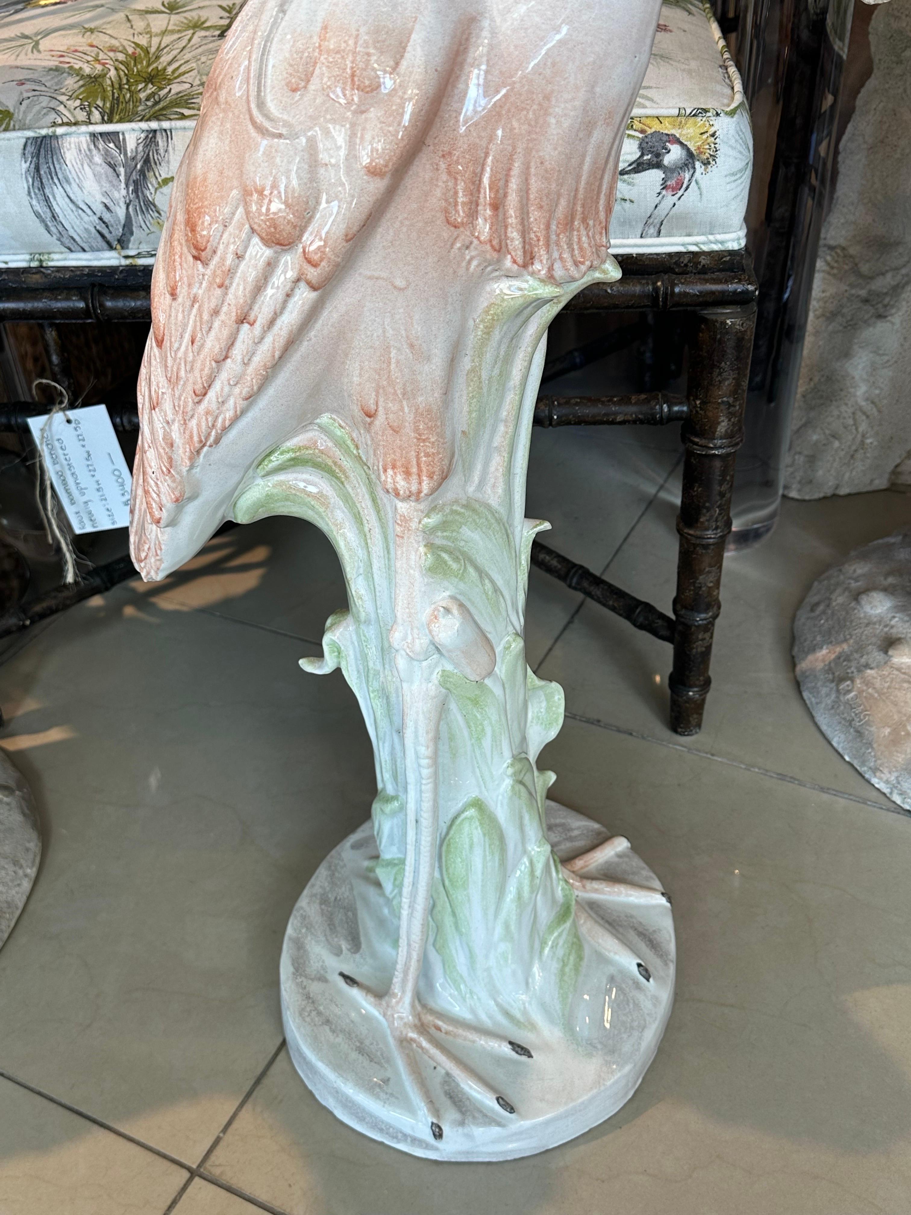 Vintage Italian Ceramic Flamingo Pink Bird Palm Beach Tropical Large Statue For Sale 6