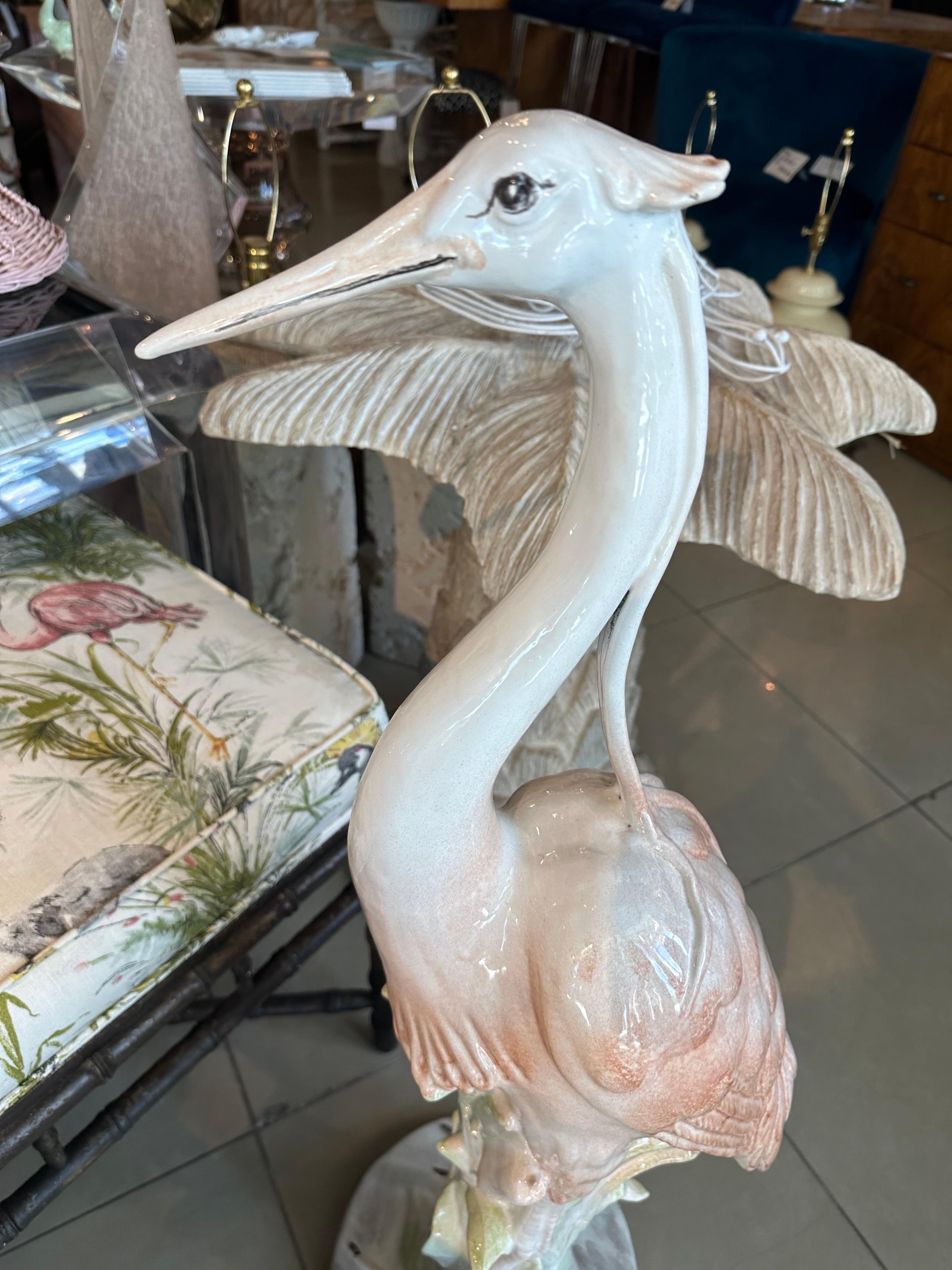 Vintage Italian Ceramic Flamingo Pink Bird Palm Beach Tropical Large Statue  For Sale 7