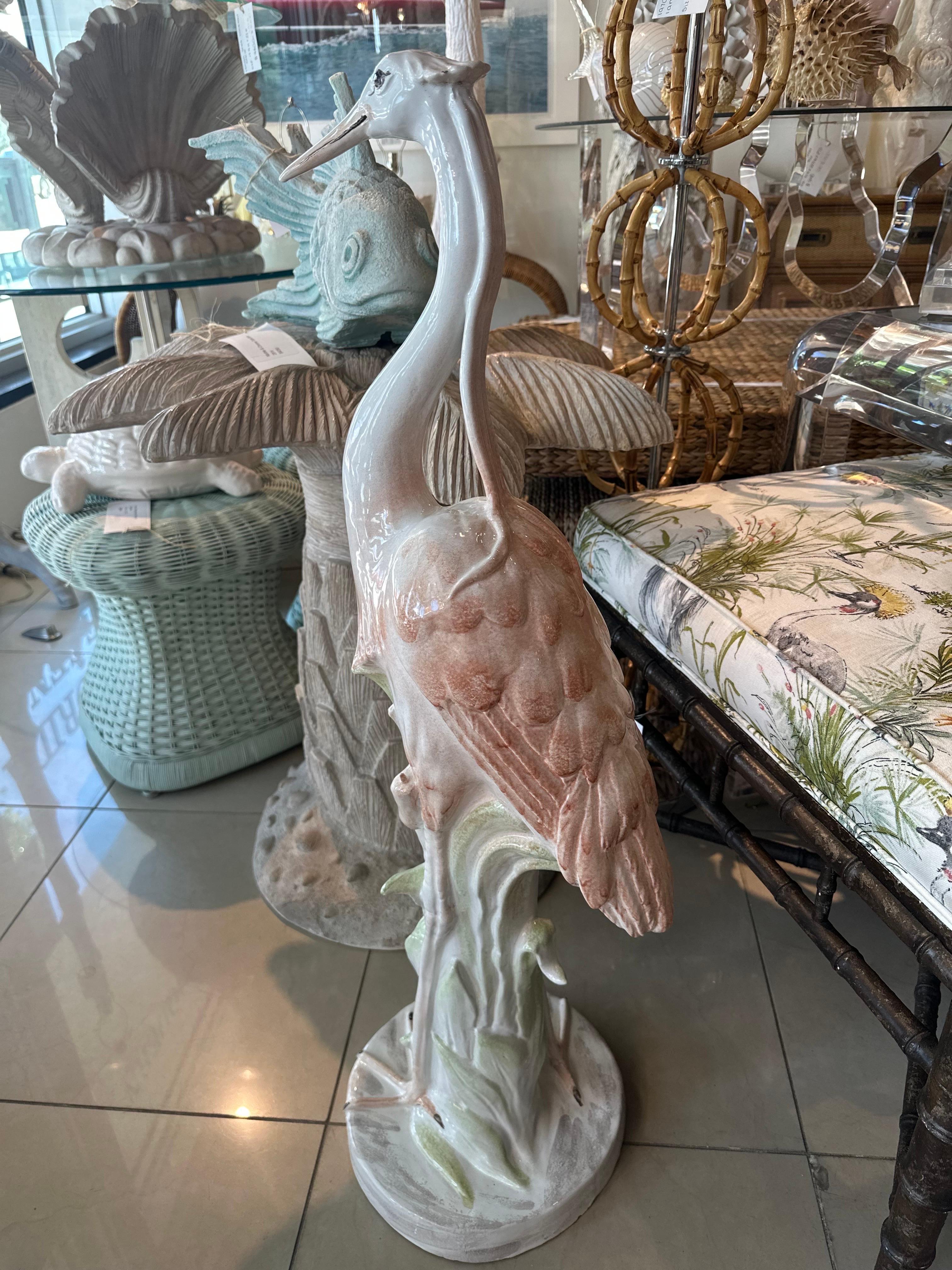 Lovely vintage ceramic tropical pink flamingo, Made in Italy. No chips or breaks. Beautiful colors! Perfect for the tropical island, Palm Beach look. Dimensions: 39 H x 12 D. Please let me know if you would like an additional shipping quote. 