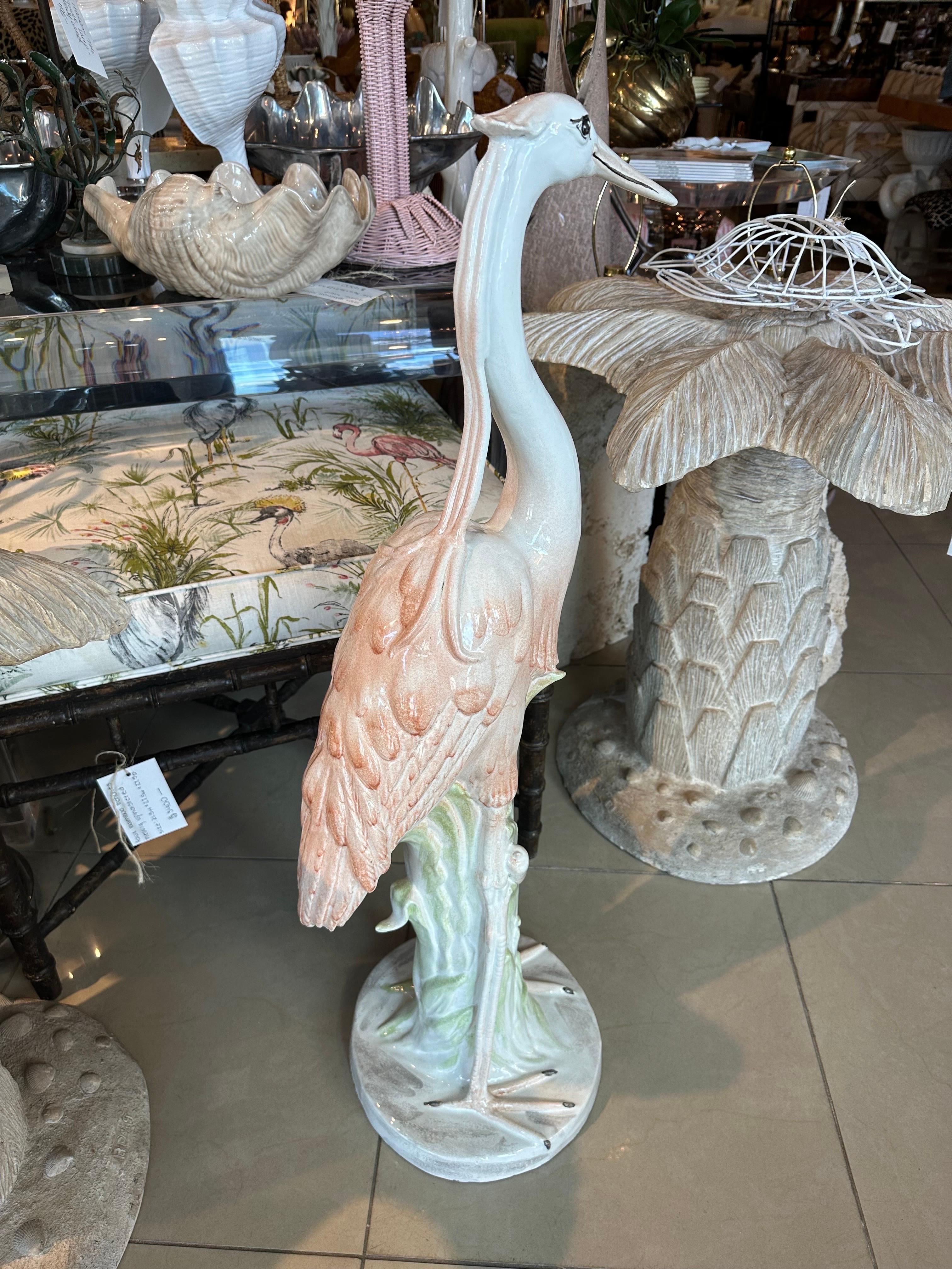 Hollywood Regency Vintage Italian Ceramic Flamingo Pink Bird Palm Beach Tropical Large Statue  For Sale