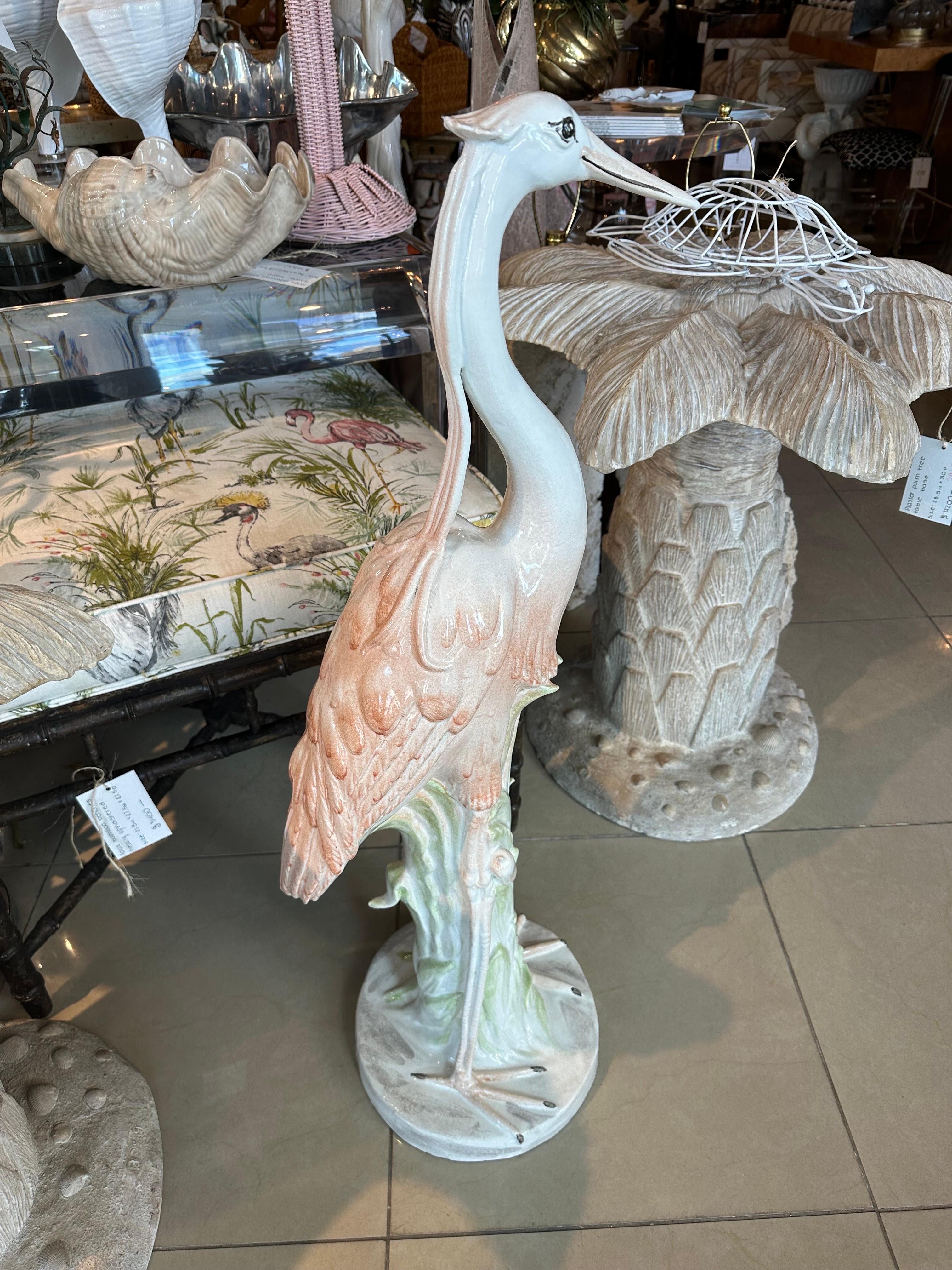 Vintage Italian Ceramic Flamingo Pink Bird Palm Beach Tropical Large Statue  For Sale 1