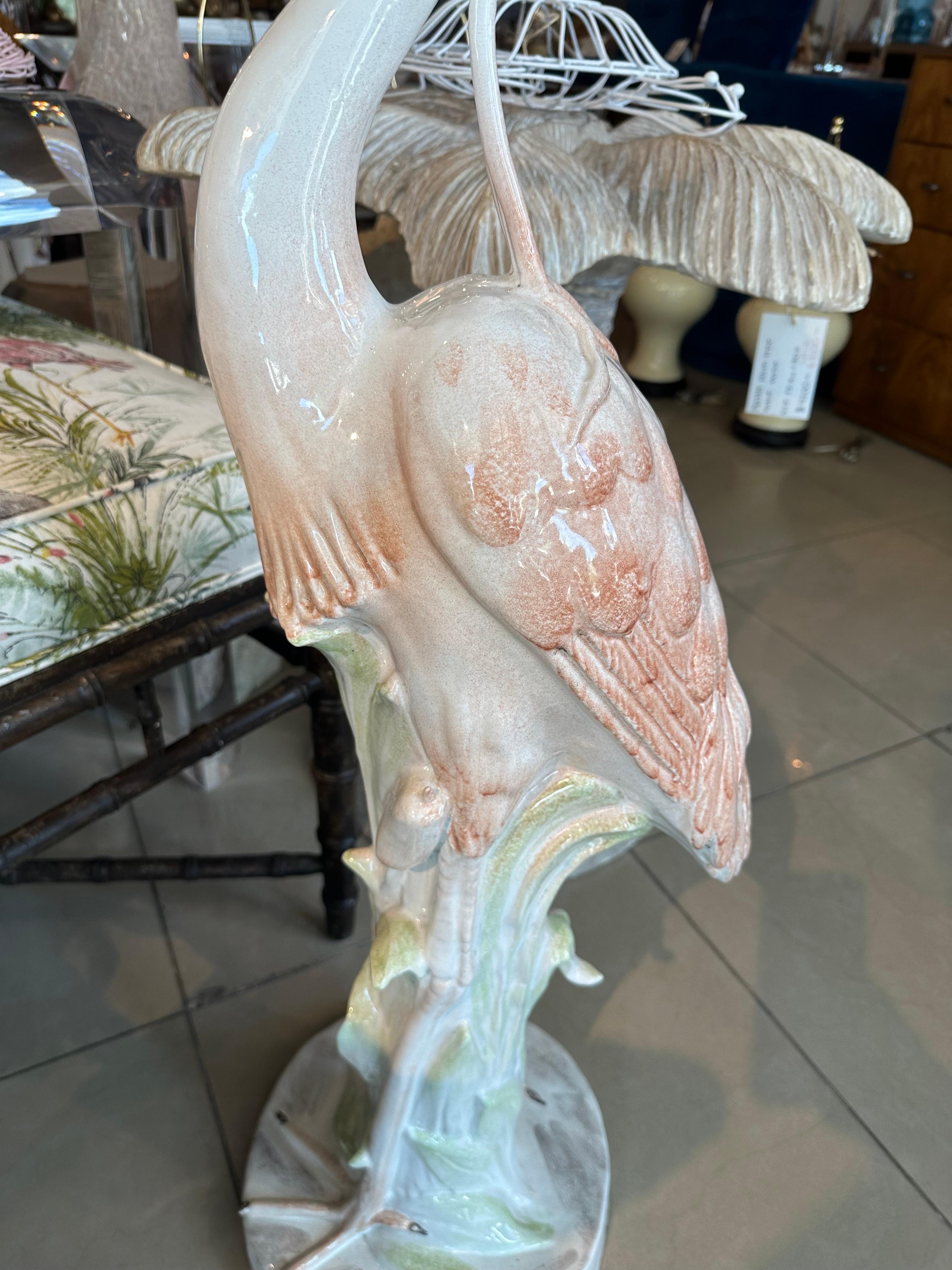 Vintage Italian Ceramic Flamingo Pink Bird Palm Beach Tropical Large Statue For Sale 3