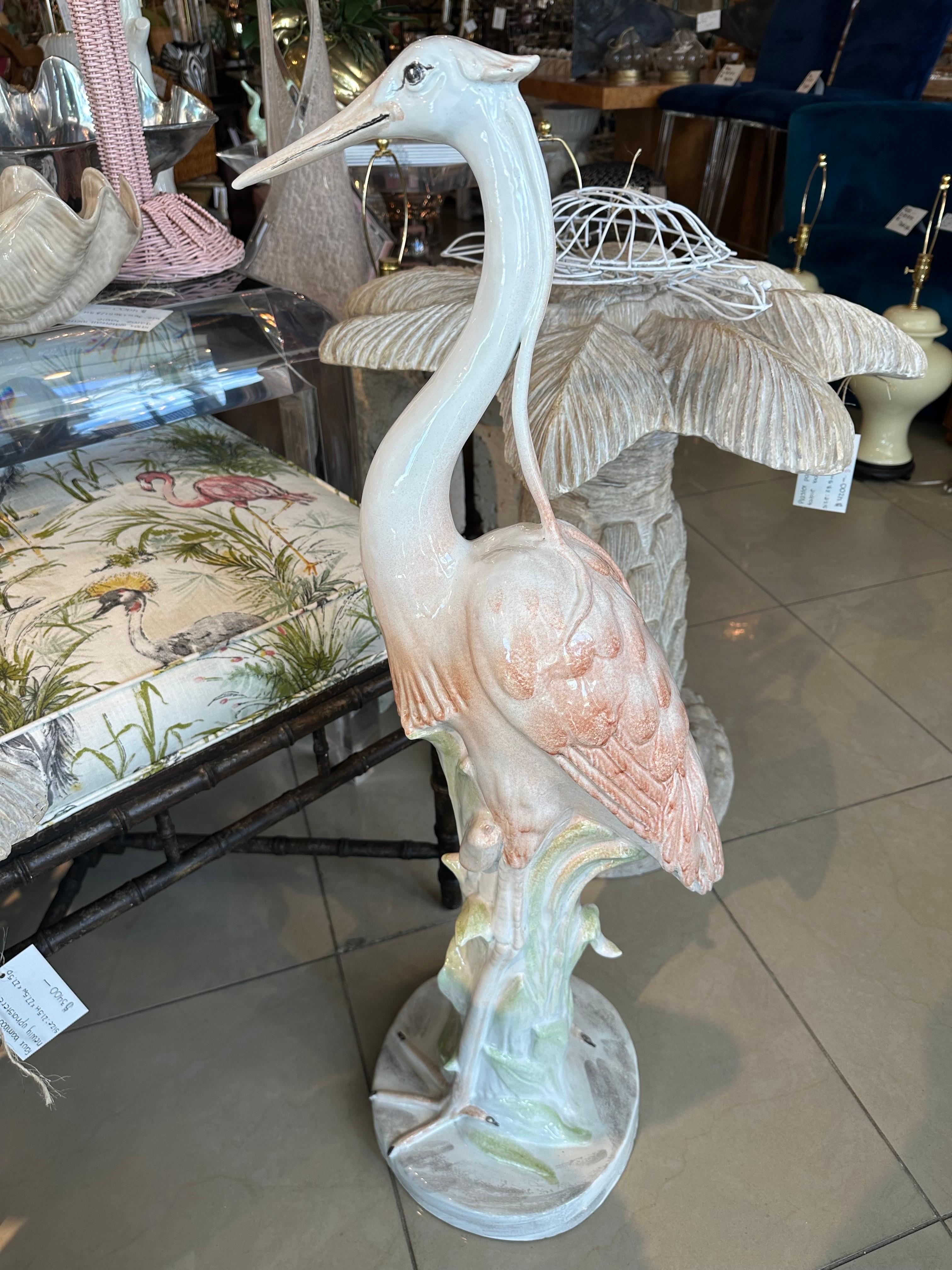 Vintage Italian Ceramic Flamingo Pink Bird Palm Beach Tropical Large Statue  For Sale 4