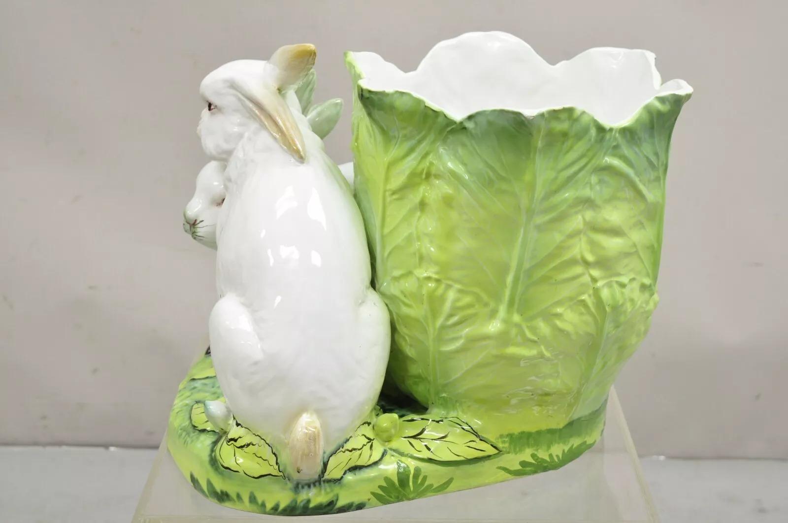 Vintage Italian Ceramic Large Bunny Rabbit with Lettuce Planter Pot Cachepot 6