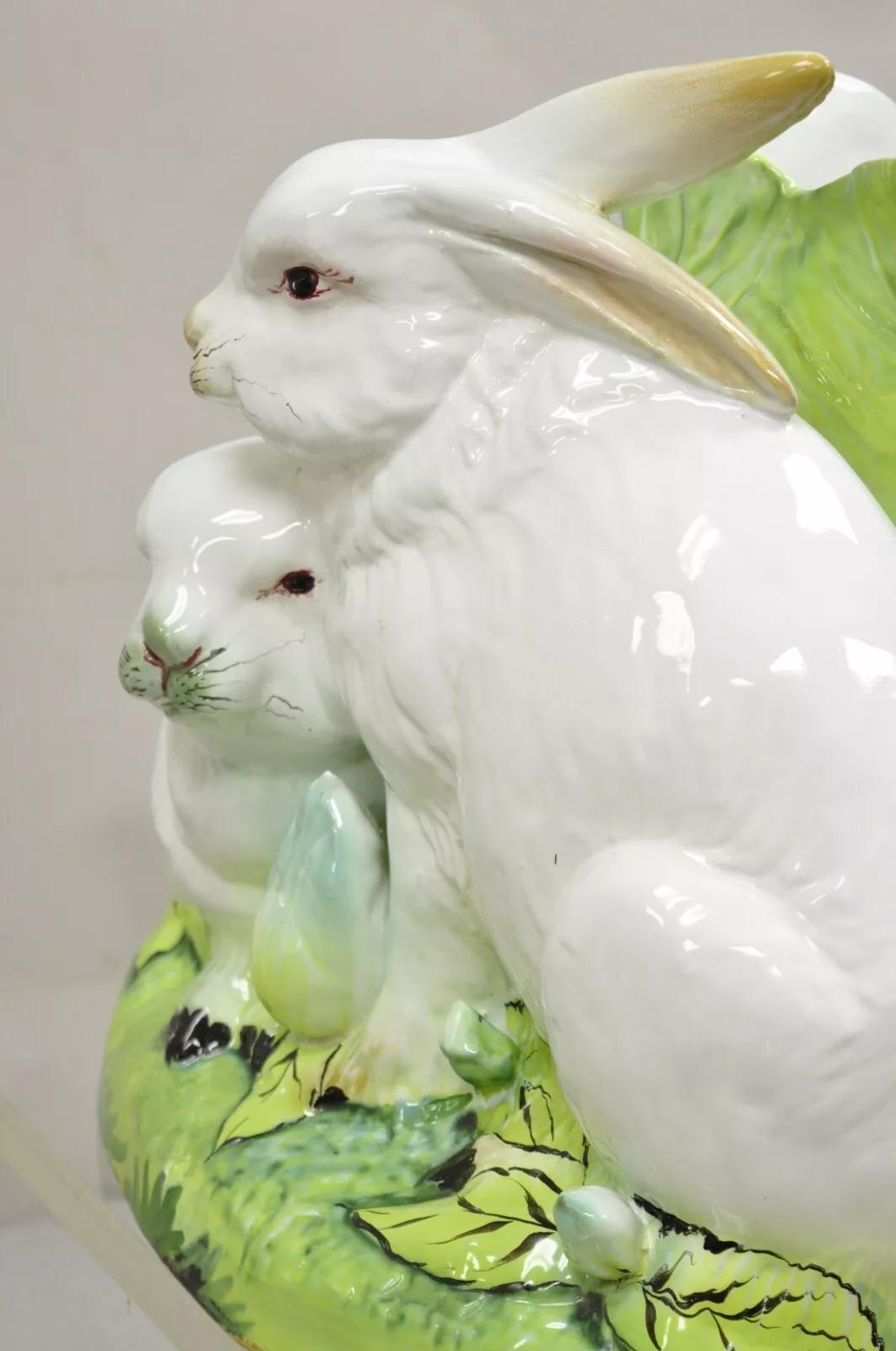 Vintage Italian Ceramic Large Bunny Rabbit with Lettuce Planter Pot Cachepot 7