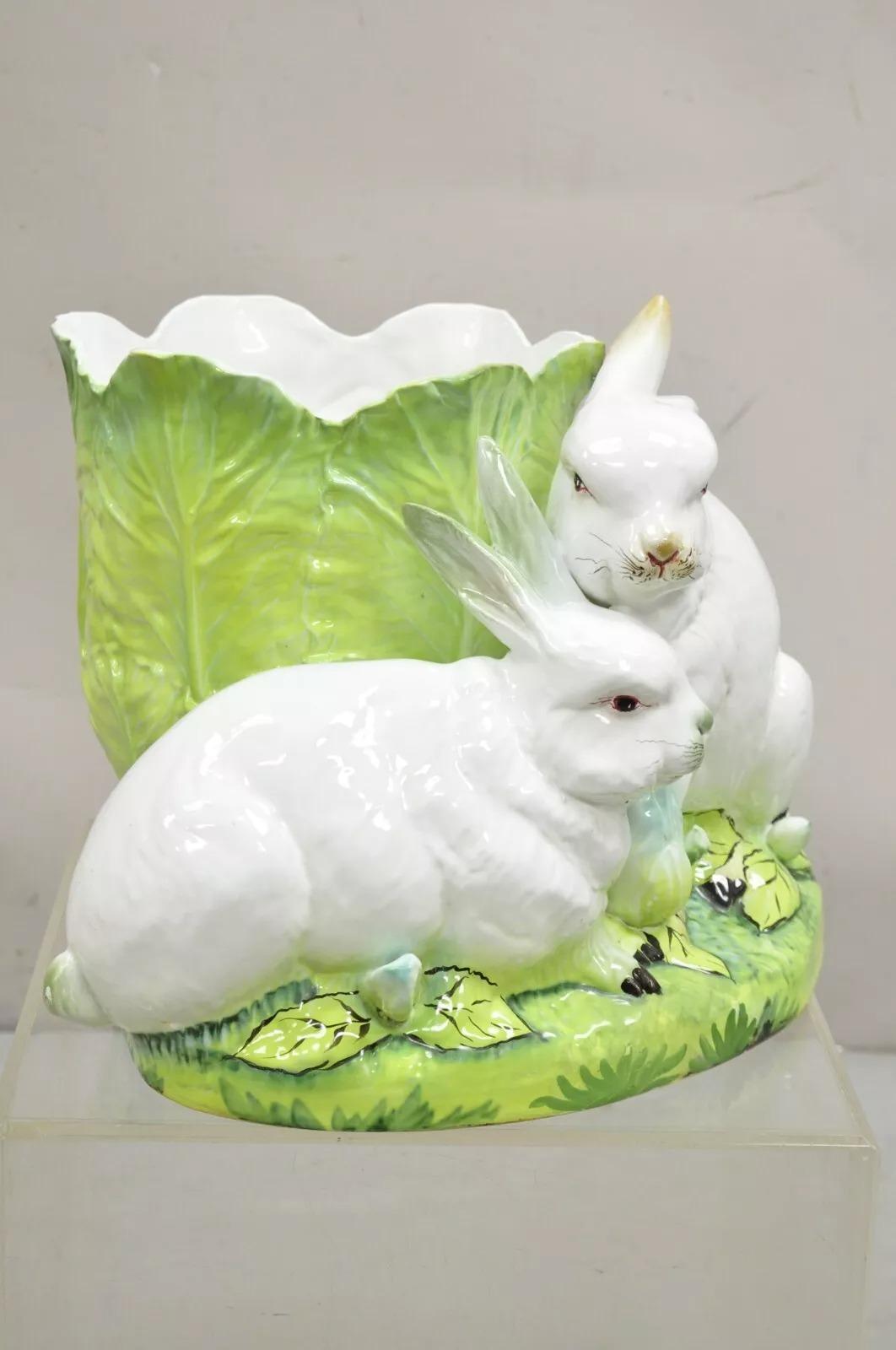 Vintage Italian Ceramic Large Bunny Rabbit with Lettuce Planter Pot Cachepot 9