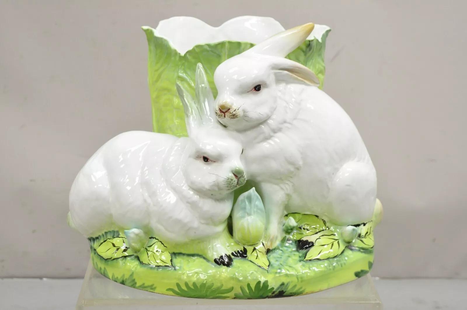 Vintage Italian Ceramic Large Bunny Rabbit with Lettuce Planter Pot Cachepot 10