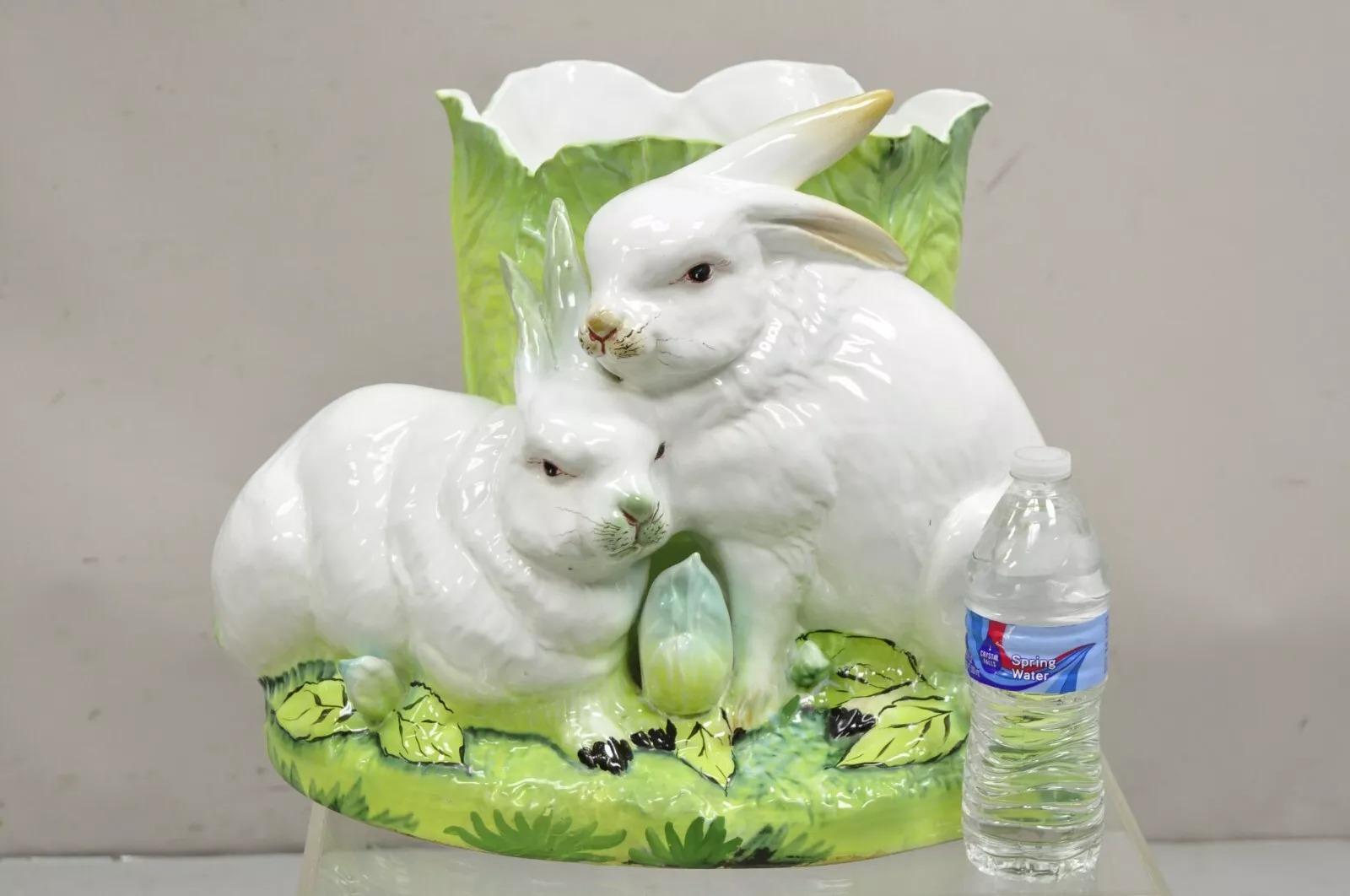 Vintage Italian Hollywood Regency Ceramic Large Bunny Rabbit with Lettuce Planter Pot Cachepot/ Circa Mid 20th Century. Measurements: 14