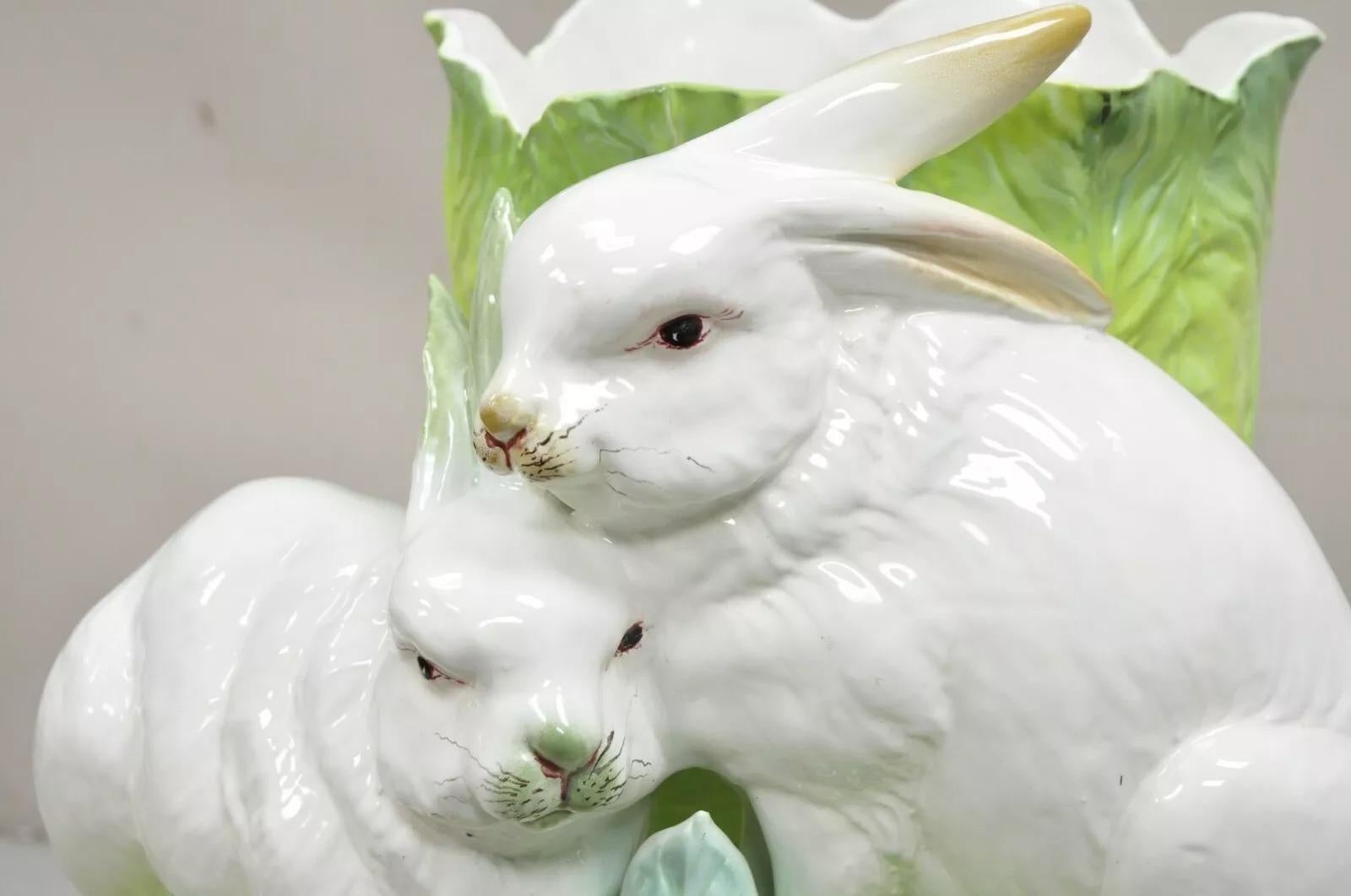 Hollywood Regency Vintage Italian Ceramic Large Bunny Rabbit with Lettuce Planter Pot Cachepot
