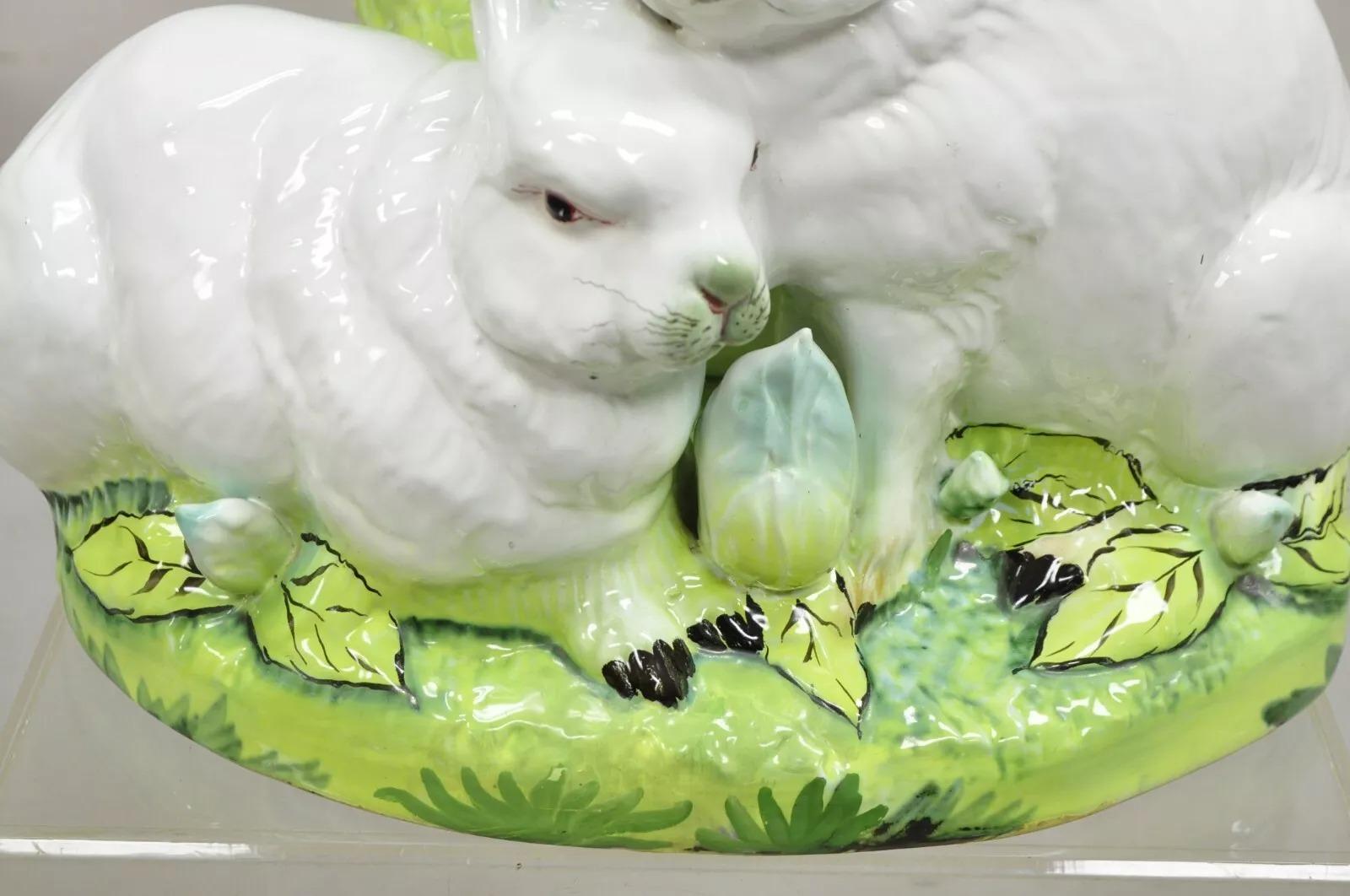 Vintage Italian Ceramic Large Bunny Rabbit with Lettuce Planter Pot Cachepot In Good Condition In Philadelphia, PA