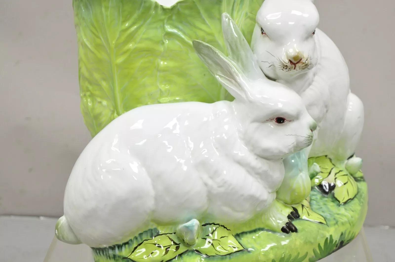 20th Century Vintage Italian Ceramic Large Bunny Rabbit with Lettuce Planter Pot Cachepot