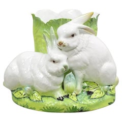 Retro Italian Ceramic Large Bunny Rabbit with Lettuce Planter Pot Cachepot