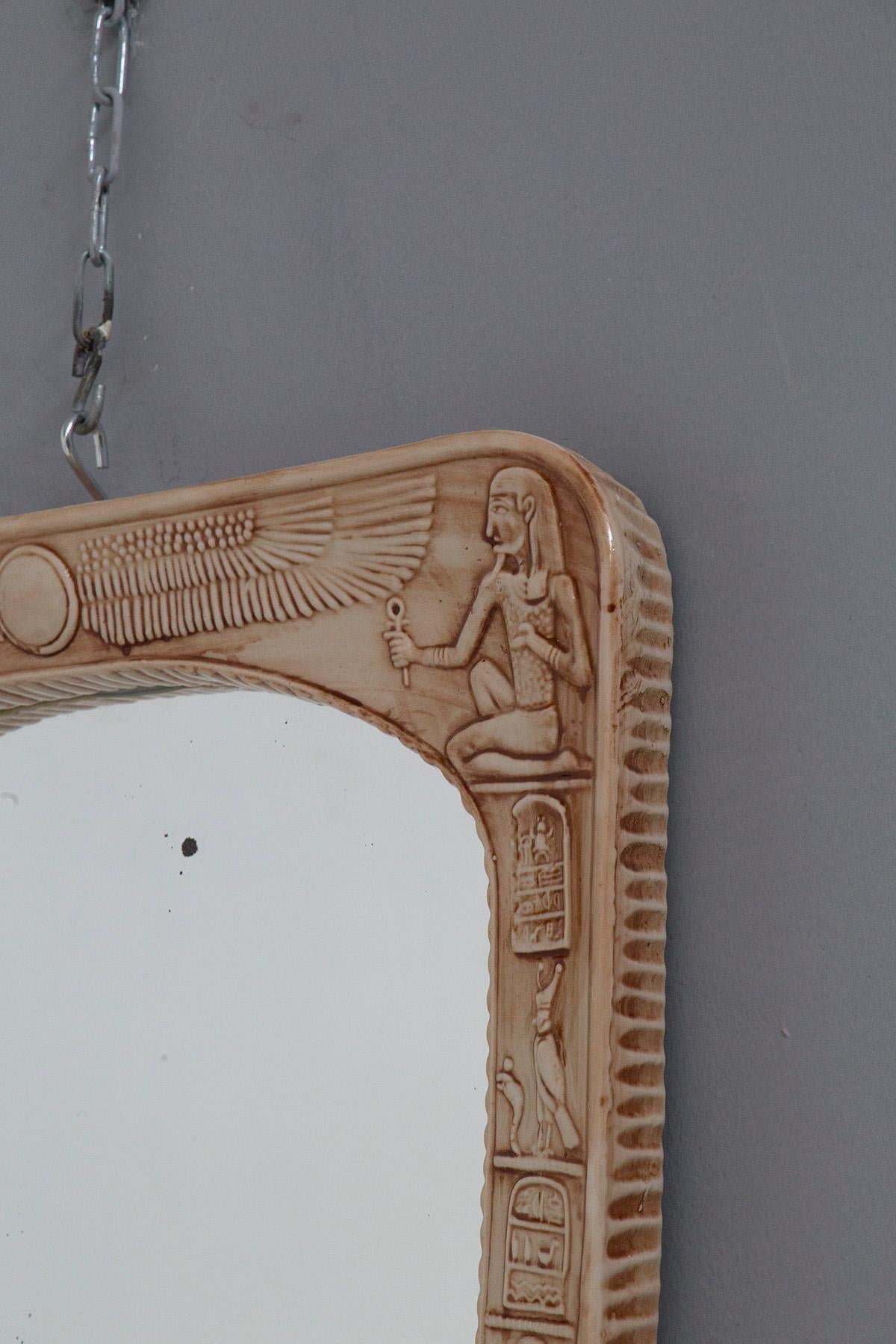 Modern Vintage Italian Ceramic Mirror with Egyptian Graphics