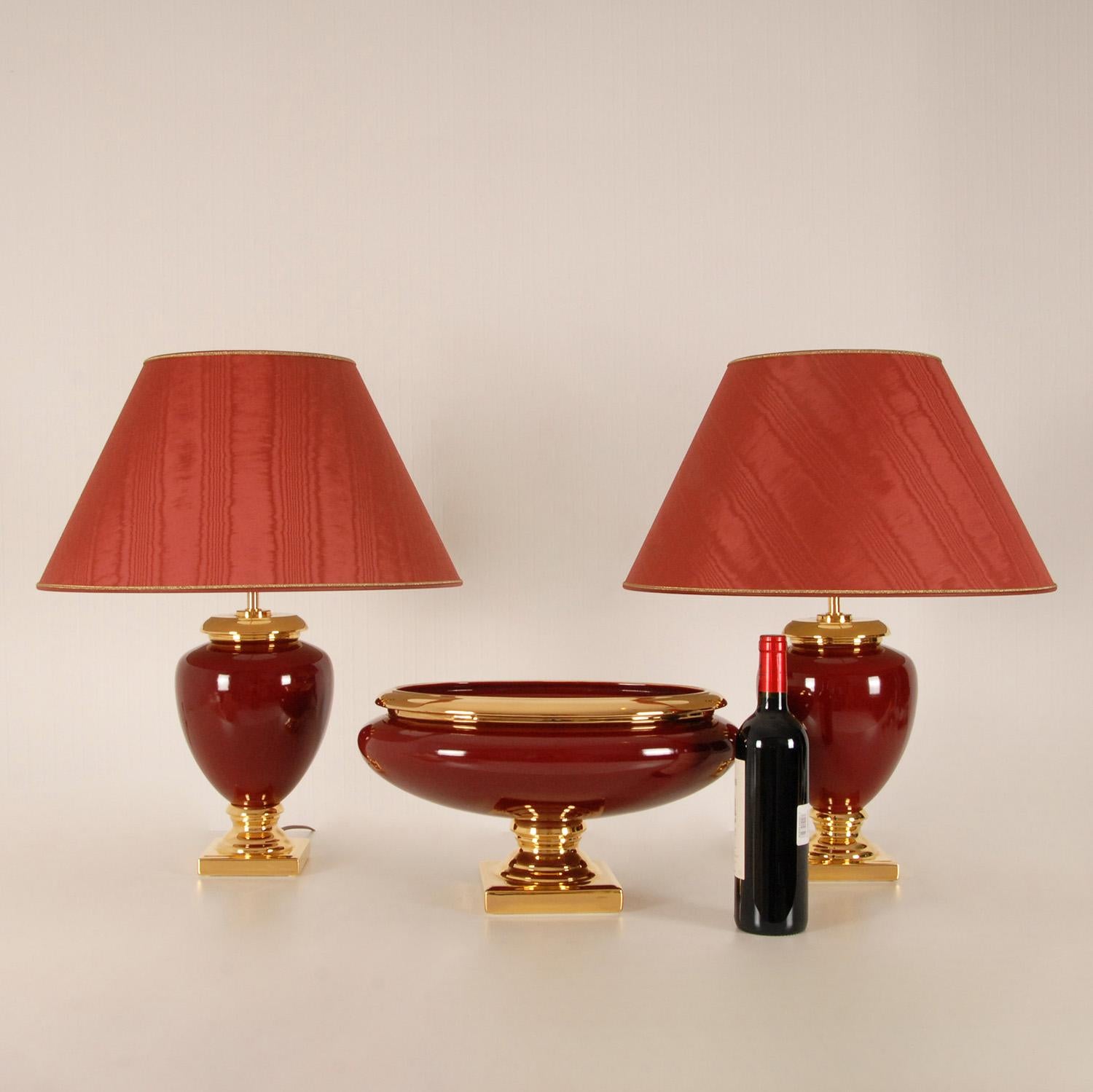 Mid-Century Modern Vintage Italian Ceramic Ruby Burgundy Red Gold Tazza and Table Lamps Set of 3 For Sale