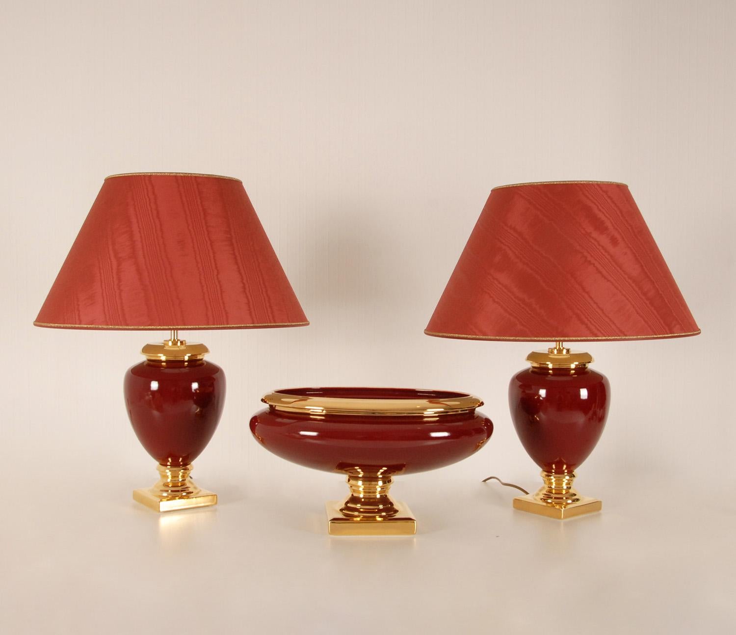 Hand-Crafted Vintage Italian Ceramic Ruby Burgundy Red Gold Tazza and Table Lamps Set of 3 For Sale