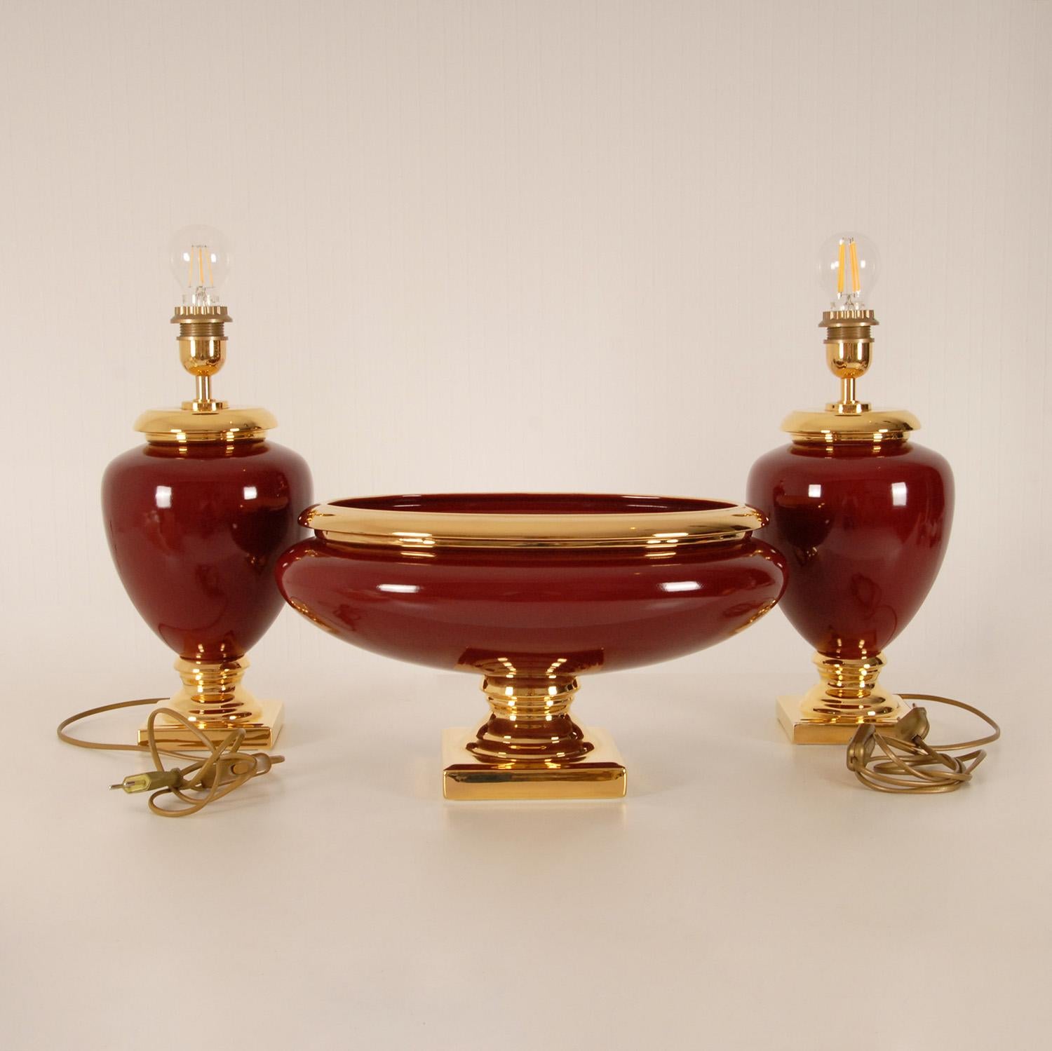 20th Century Vintage Italian Ceramic Ruby Burgundy Red Gold Tazza and Table Lamps Set of 3 For Sale