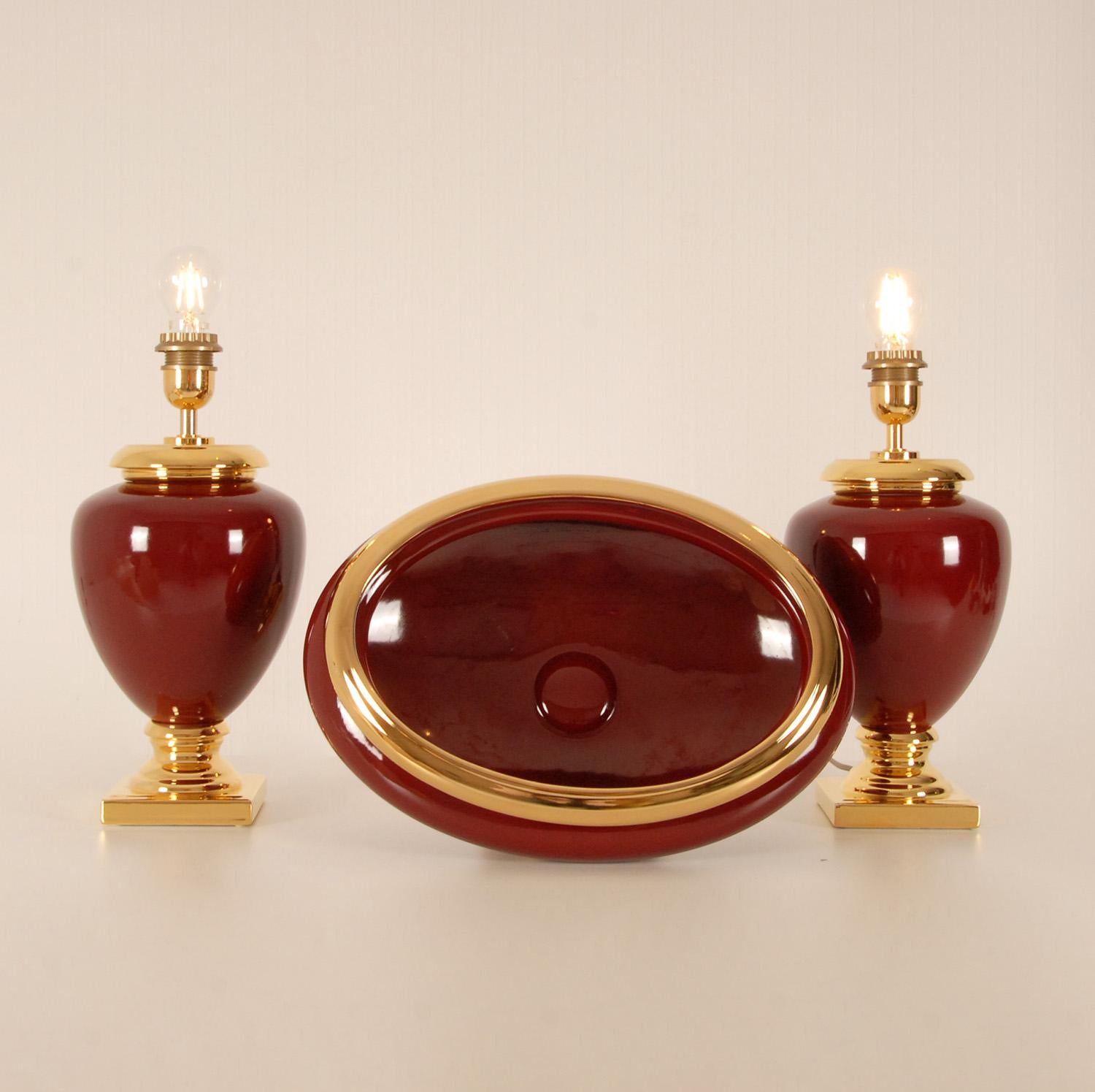 Vintage Italian Ceramic Ruby Burgundy Red Gold Tazza and Table Lamps Set of 3 For Sale 1
