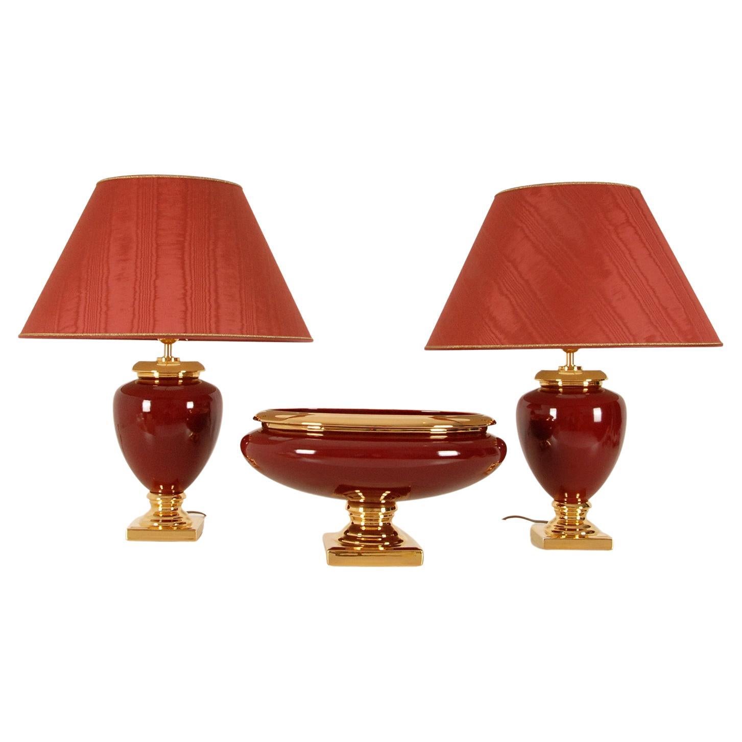 Vintage Italian Ceramic Ruby Burgundy Red Gold Tazza and Table Lamps Set of 3 For Sale
