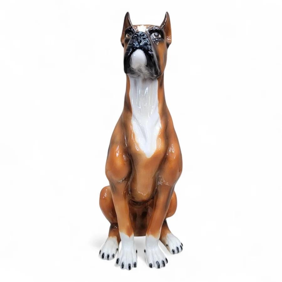 Vintage Italian Ceramic Sculpted and Hand Painted Sitting Boxer Guard Dog Statue

This vintage Italian ceramic sculpture features a hand-painted life size sitting Boxer guard dog, showcasing the artistry of Monterella, Italy. The intricate detailing