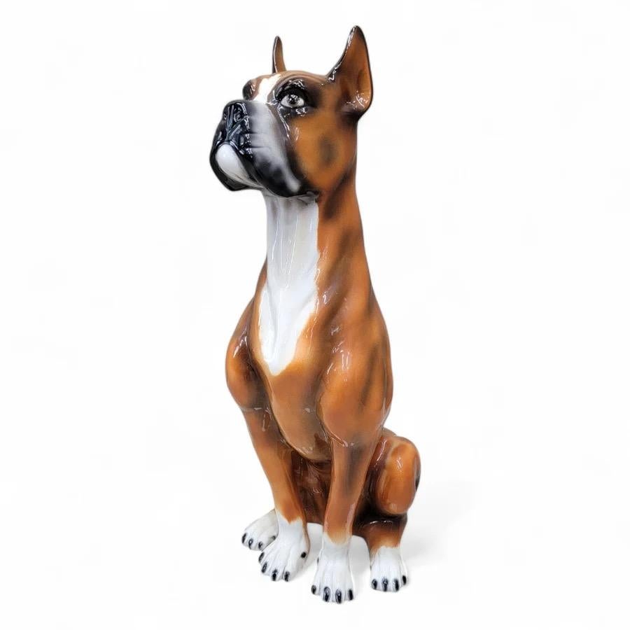 Mid-Century Modern Vintage Italian Ceramic Sculpted And Hand Painted Sitting Boxer Guard Dog Statue For Sale