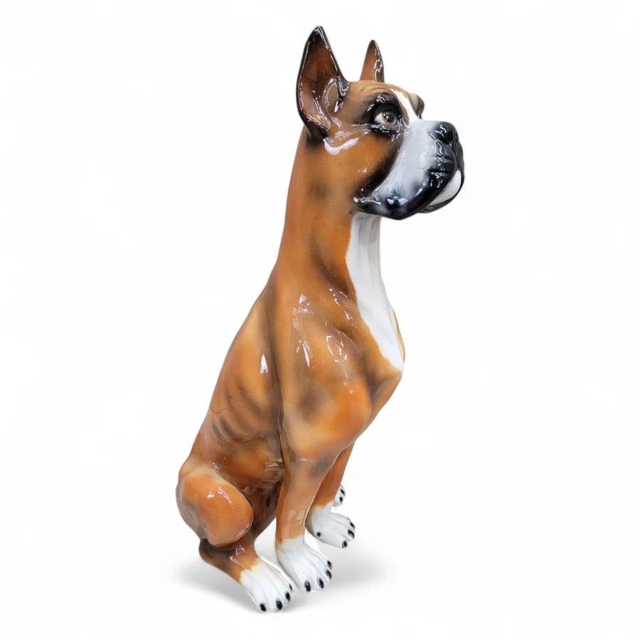 20th Century Vintage Italian Ceramic Sculpted And Hand Painted Sitting Boxer Guard Dog Statue For Sale