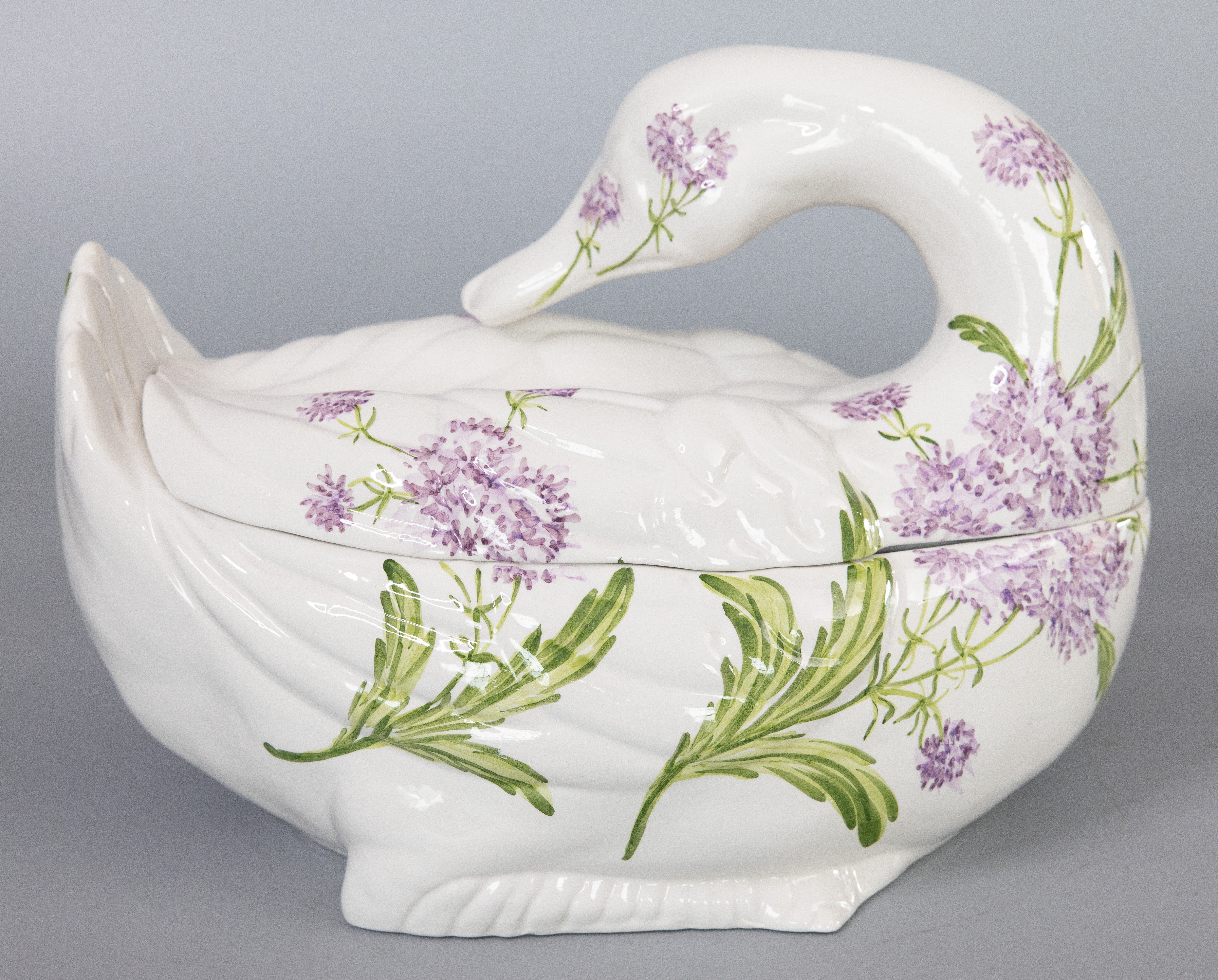 A lovely Italian ceramic swan floral soup tureen. Maker's mark on reverse. This gorgeous tureen is in the form of a graceful swan with beautiful hand painted flowers. It would perfect for serving or for display.

DIMENSIONS
12