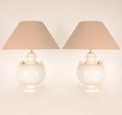 Vintage Italian Ceramic Table Lamps Handmade Off White Majolica Vase Lamps Pareja